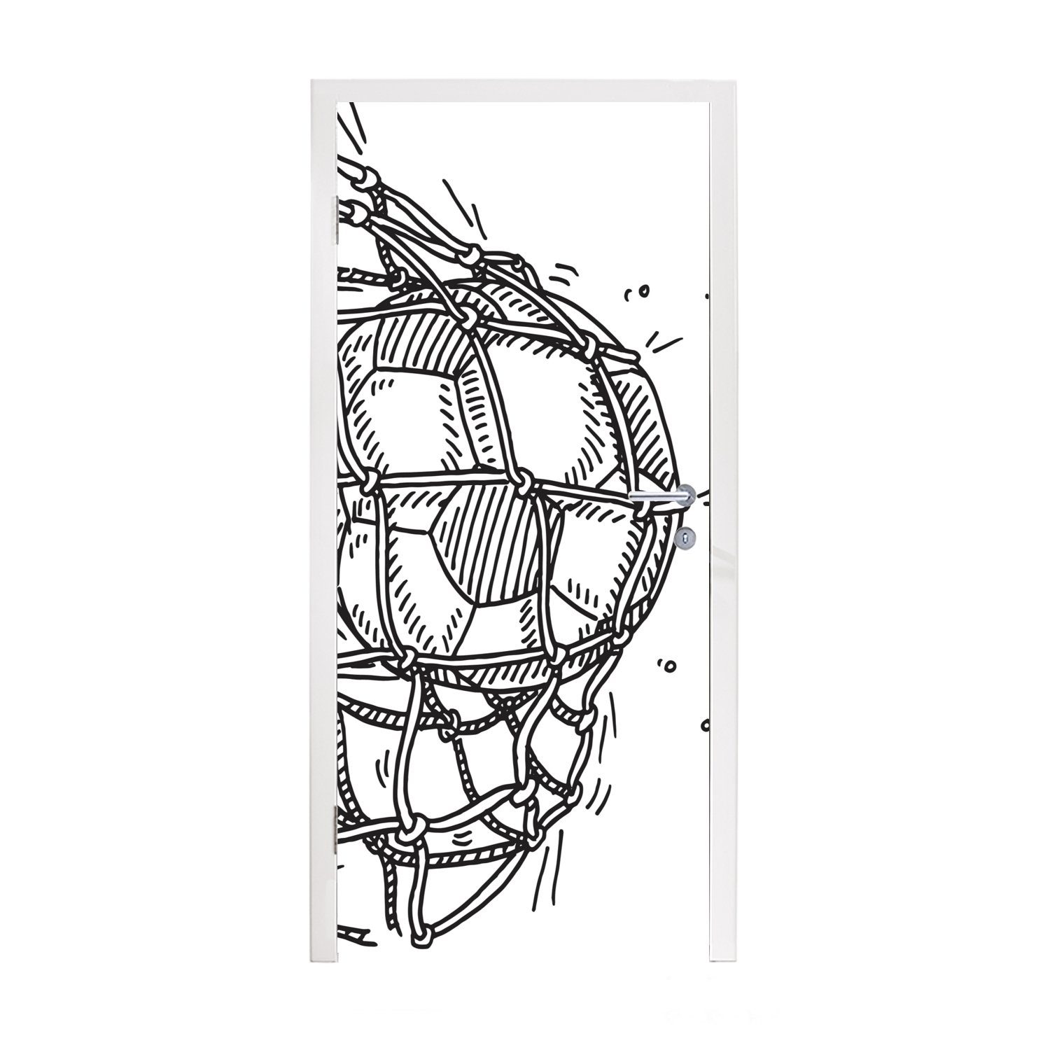 MuchoWow Türtapete Eine Illustration eines Fußballschusses ins Tor - Jungen - Mädchen -, Matt, bedruckt, (1 St), Fototapete für Tür, Türaufkleber, 75x205 cm