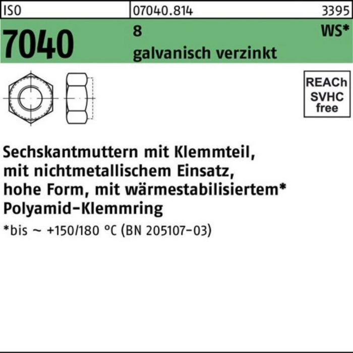 Reyher Muttern 200er Pack Sechskantmutter ISO 7040 Klemmteil M16 8 galv.verz. brauner