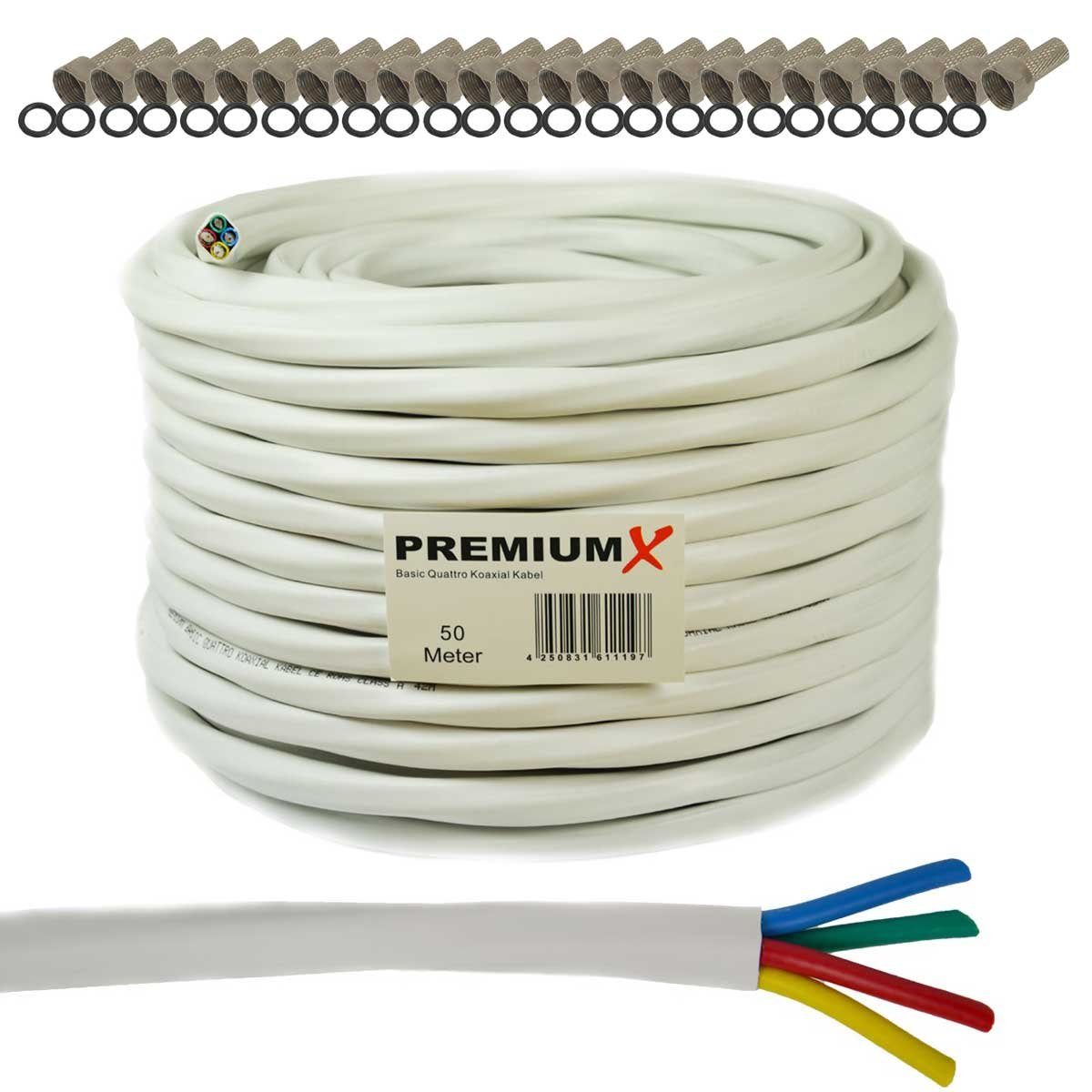 PremiumX 50m Basic Quattro Quad Koaxial SAT Kabel 90dB Weiß 24x F-Stecker SAT-Kabel
