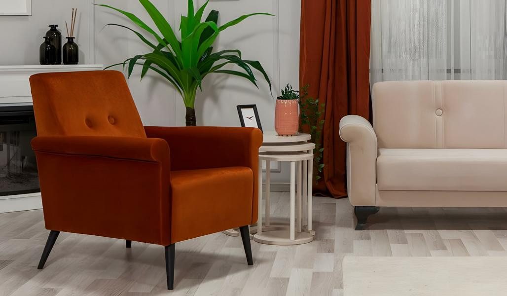 JVmoebel Ohrensessel Stoffsessel in Orange mit breiten Armlehnen und Holzgestell (Packung, 1-St., Stoffsessel Ohrensessel Einsitzer Polstersessel Orange), Made in Europa