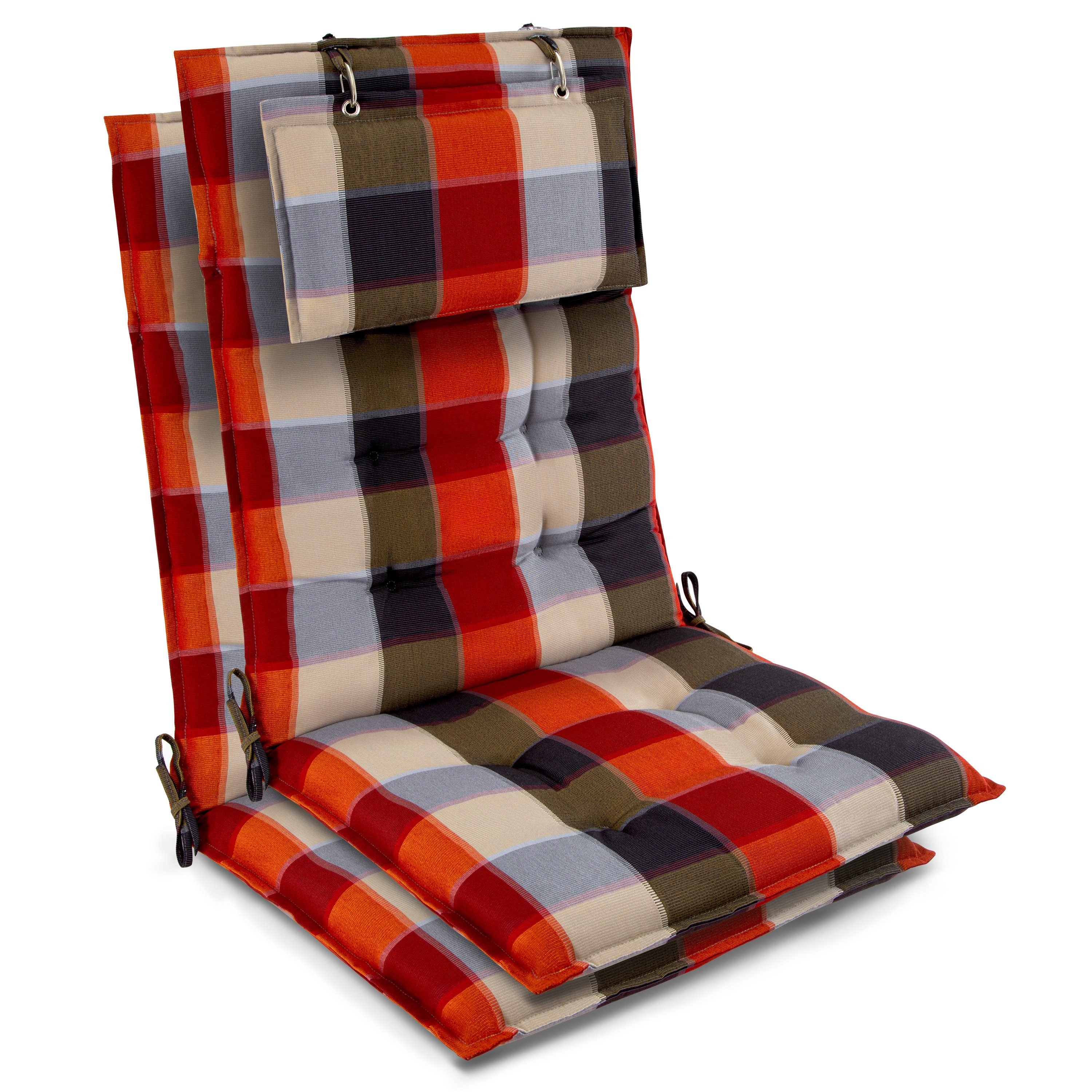 Beautissu Hochlehnerauflage 2er Set Sun-HL Hochlehner Auflage 120x50x8cm Orange-Beige-Kariert, Mit Kopfpolster, rutschfest & robust – Befestigungsbänder, UV 5