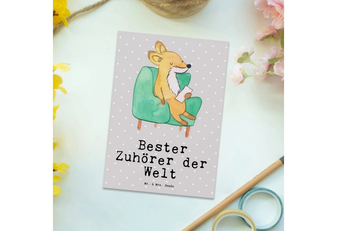 Thumbnail - Mr. & Mrs. Panda Postkarte Fuchs Bester Zuhörer der Welt - Grau Pastell - Geschenk, für, Danke, Charmantes Design