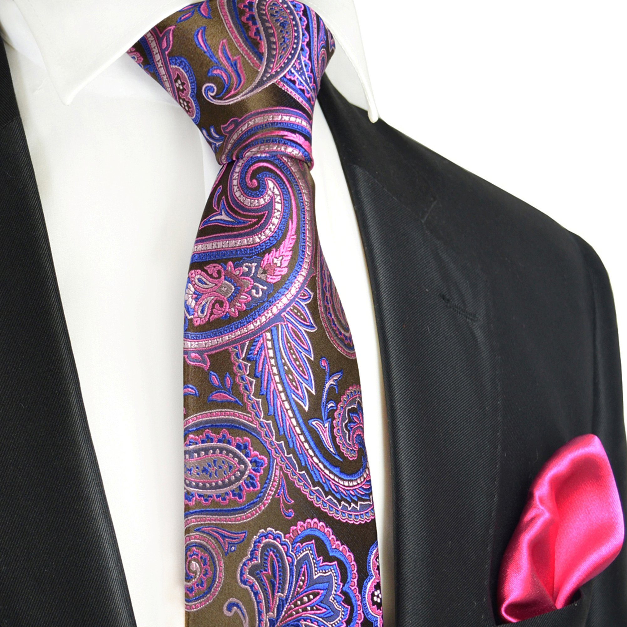 Paul Malone Krawatte 7-Fold Seidenkrawatte Schlips modern elegant 100% Seide paisley (Set, 2-St., mit Einstecktuch) braun pink blau S14111-20