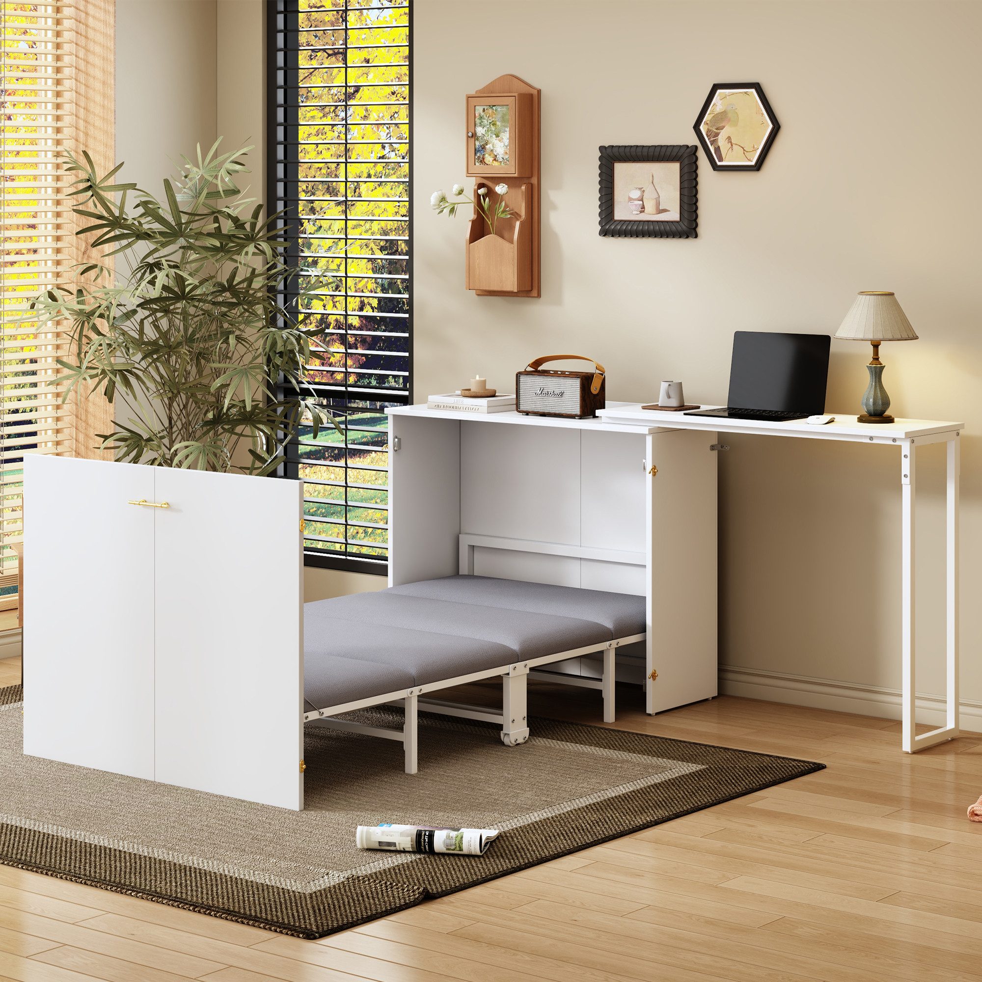 Odikalo Schrankbett Klappbett mit Schreibtisch und Matratze (Klappbett mit drehbarem Schreibtisch und Matratze, platzsparendes Schrankbett mit Rollen, ideal für kleine Räume, Gästezimmer und Homeoffice)