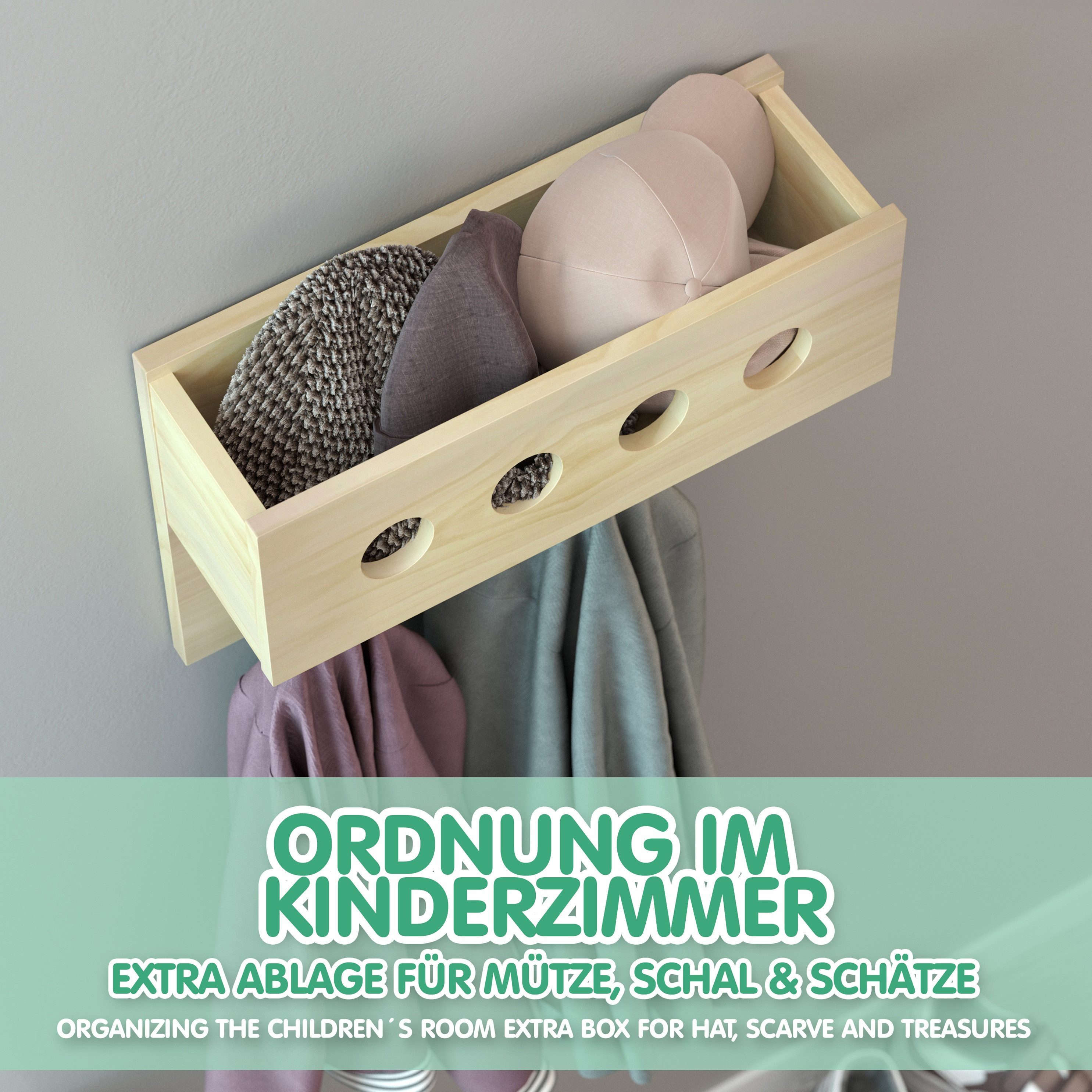 CADANI Garderobenpaneel WUBO Wandgarderobe für Kinder - Kindergarderobe - robust und stabil (Natur Kinderzimmer Garderobe nach Montessori, 1 St), aus hochwertigen Massivholz
