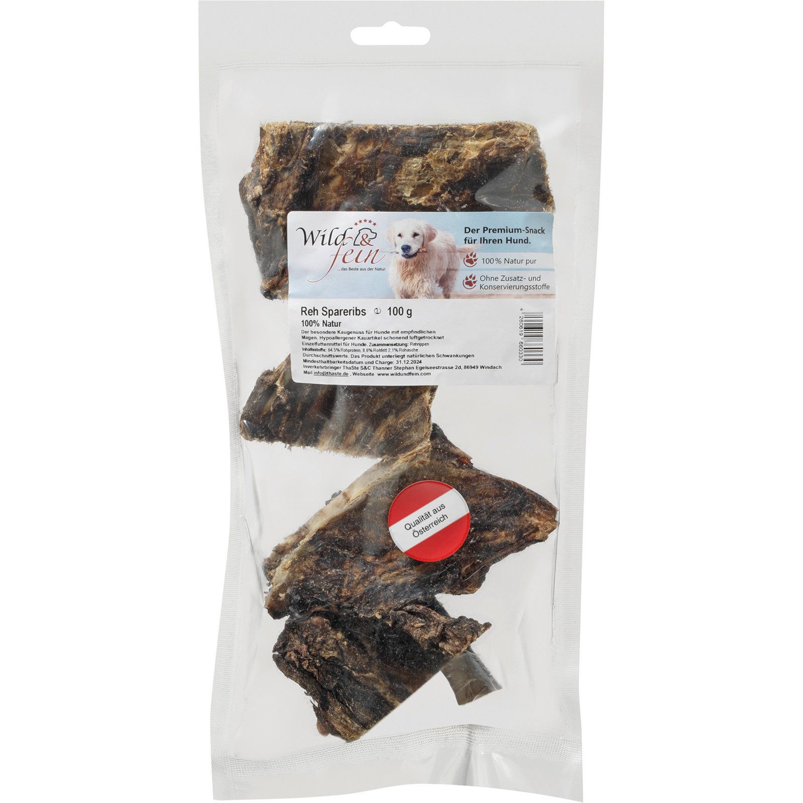 Wild & Fein Rehrippen 100 g, Spareribs für Hunde, Snack für: Hunde
