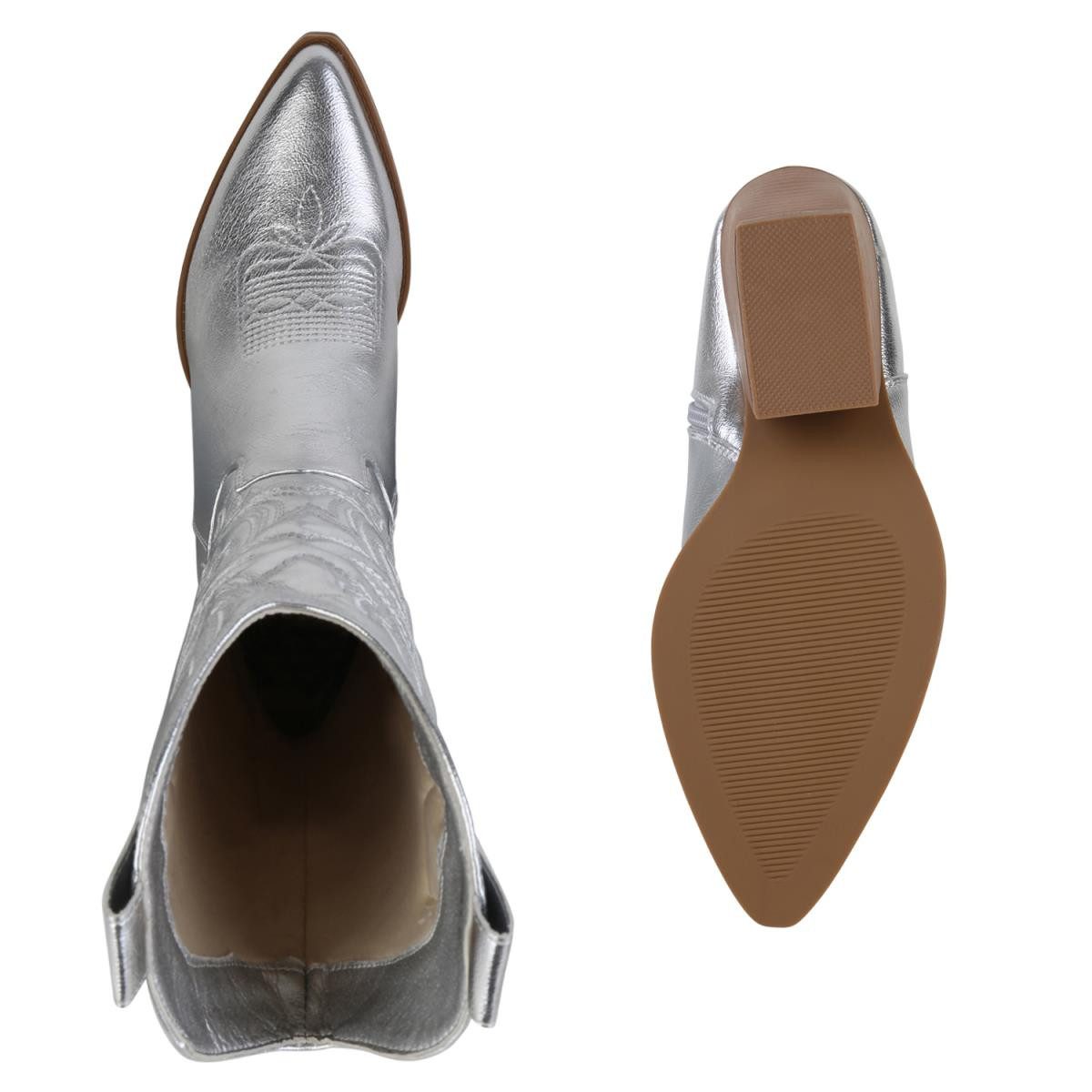 VAN HILL 840142 Cowboystiefel Damen Cowboystiefel Stiefel Stickereien Holzoptikabsatz