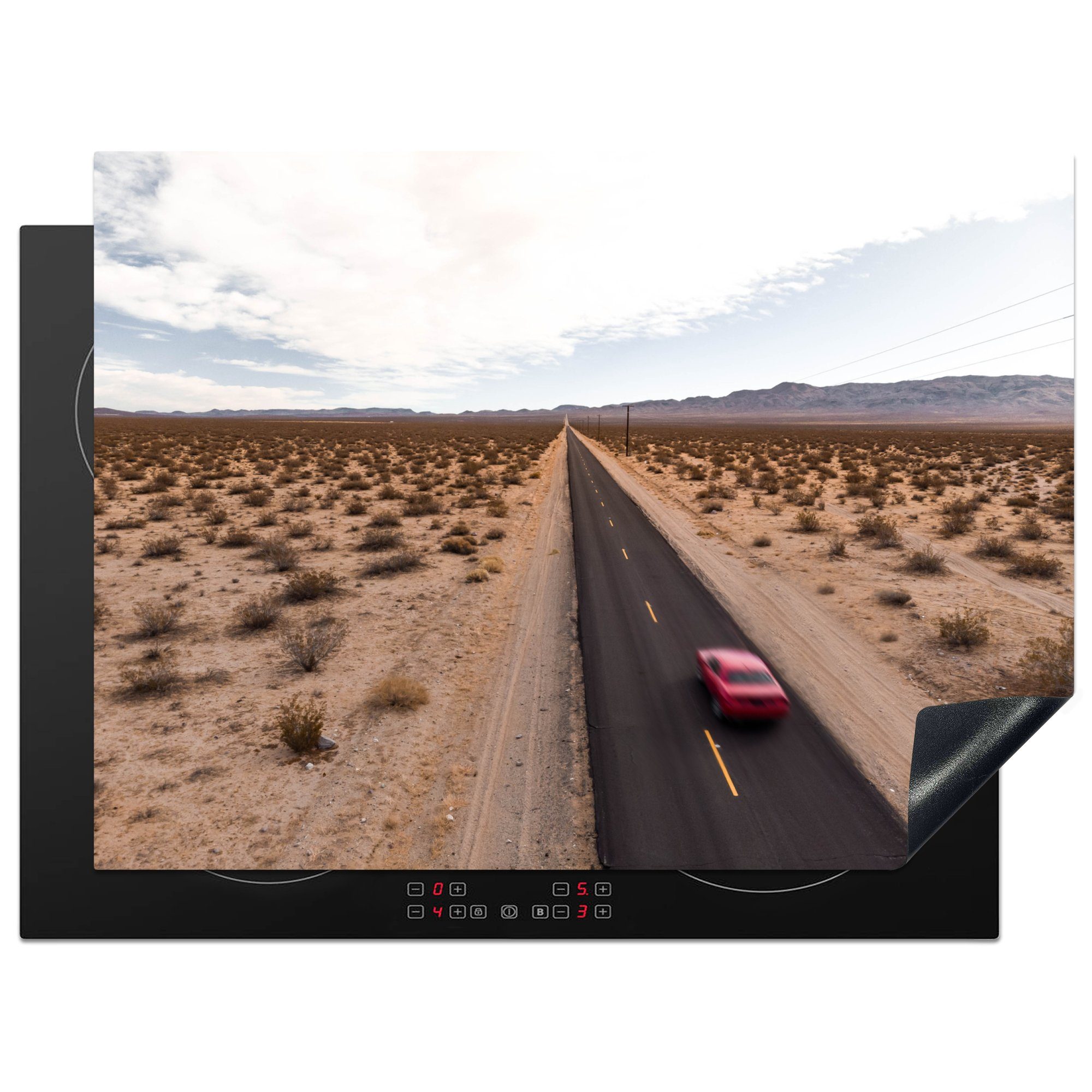 MuchoWow Herdblende-/Abdeckplatte Rotes Luxusauto fährt auf der Route 66 in Kalifornien, Vinyl, (1 tlg), 70x52 cm, Mobile Arbeitsfläche nutzbar, Ceranfeldabdeckung