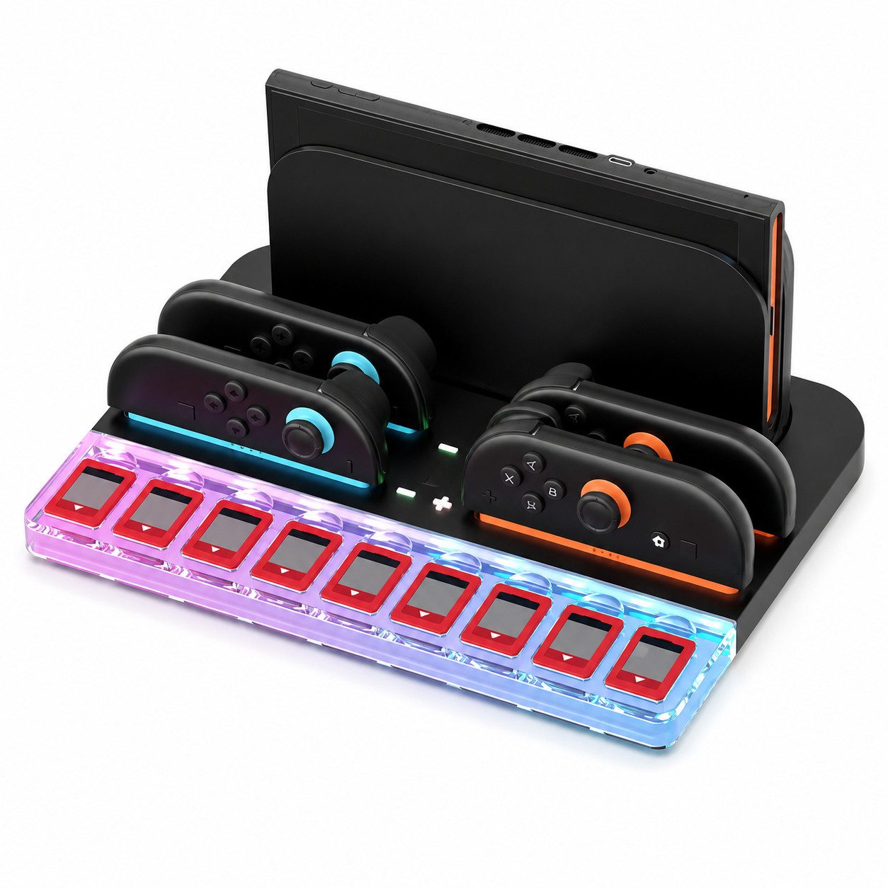 Fyrove Controller Ladestation, praktisches Ladegerät für Spielcontroller Simulations-Controller (Set, 1 St., 4-fache Joy-Con Ladestation für Switch 2, 9 Spielkartenhalter)