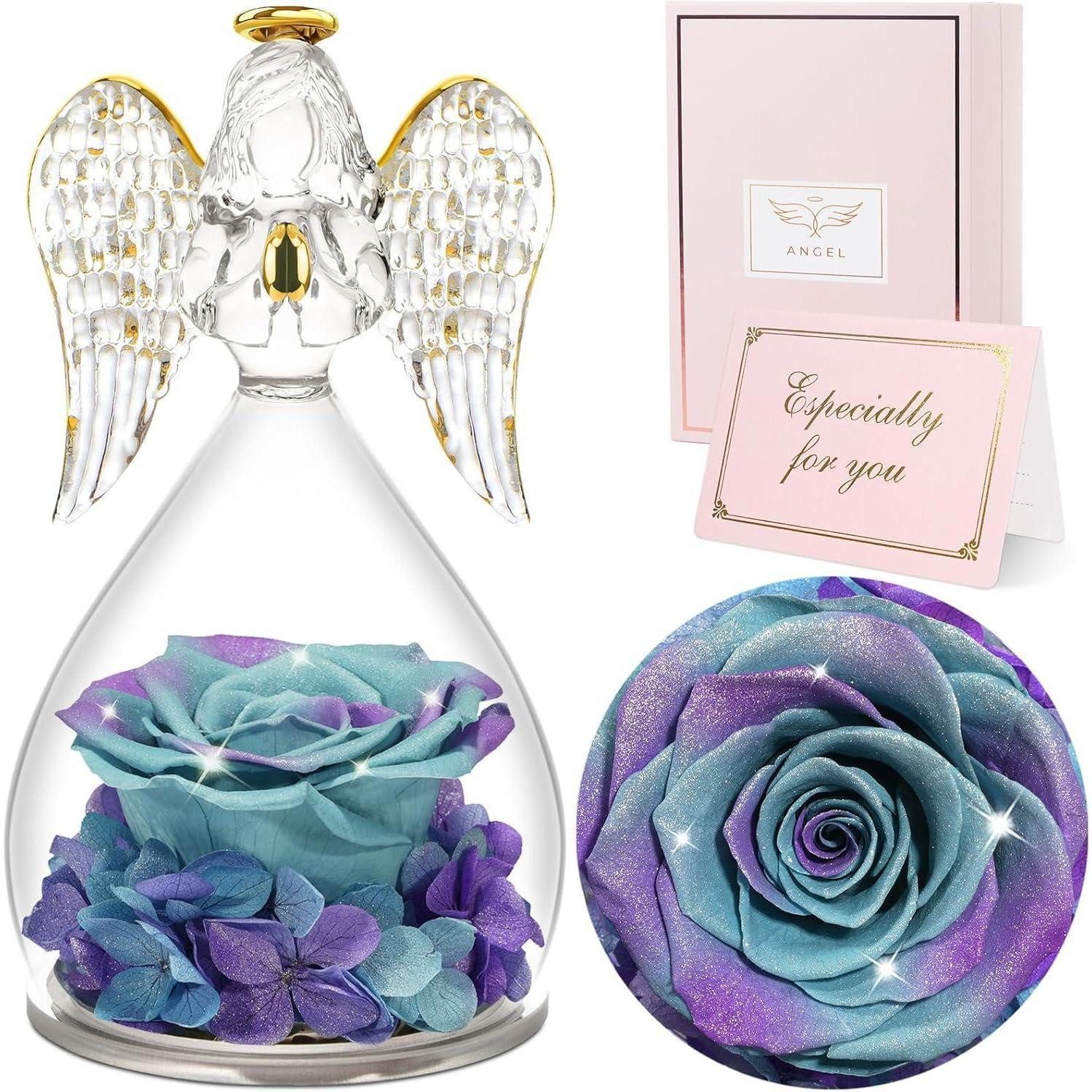 Kunstblume Ewige Rose Engel Figur Geschenk Muttertag Handgefertigt Glaskuppel, LuxusKollektion, Höhe 17.8 cm