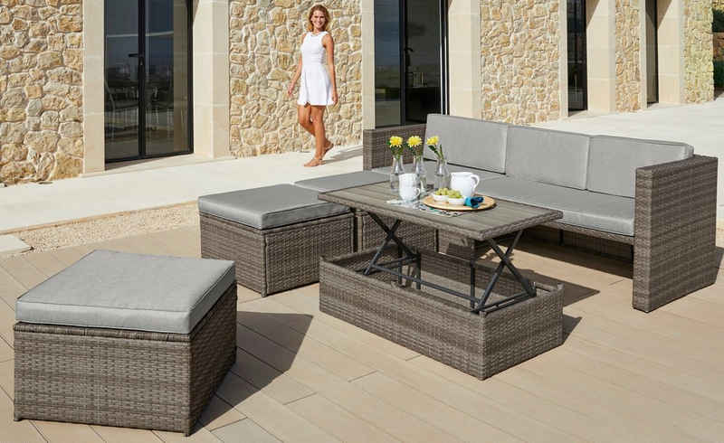 KONIFERA Gartenlounge-Set Lagos Premium, (13-tlg), 3er-Sofa, 3 Hocker, Tisch, Polyrattan