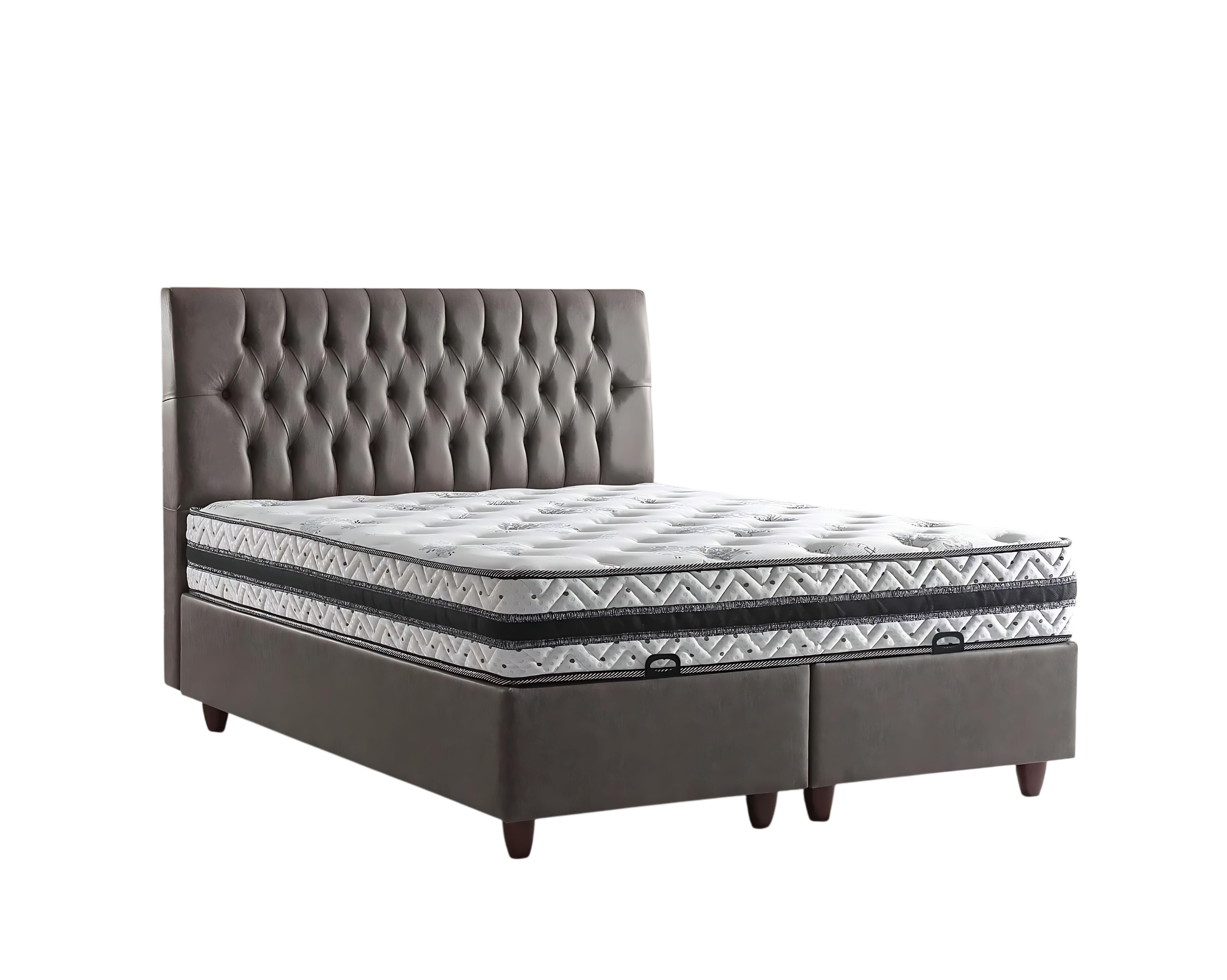 JVmoebel Boxspringbett Grau Holz Bett mit komfortabler Matratze und sanften Linien (1-St)