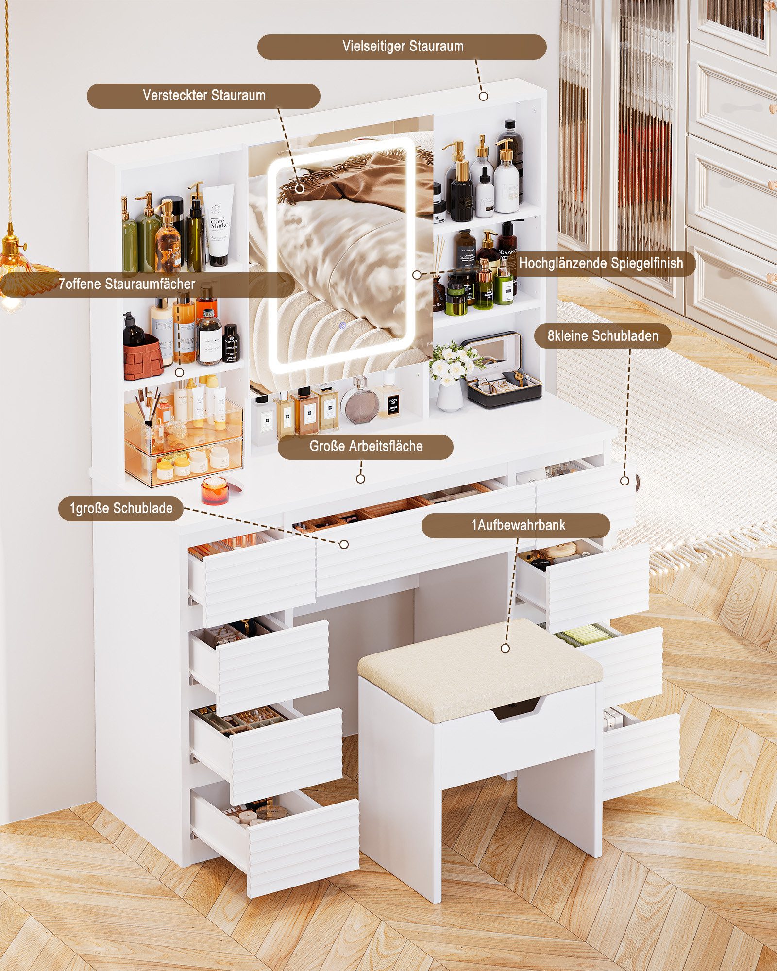 HOMALL Schminktisch LED-Schminkspiegel, schwarz-weißer Schminktisch und Hocker im Set (Kombination aus 9 Schubladen, 7 offenen Fächern und Stauraum hinter dem S – Bild 4 von 5