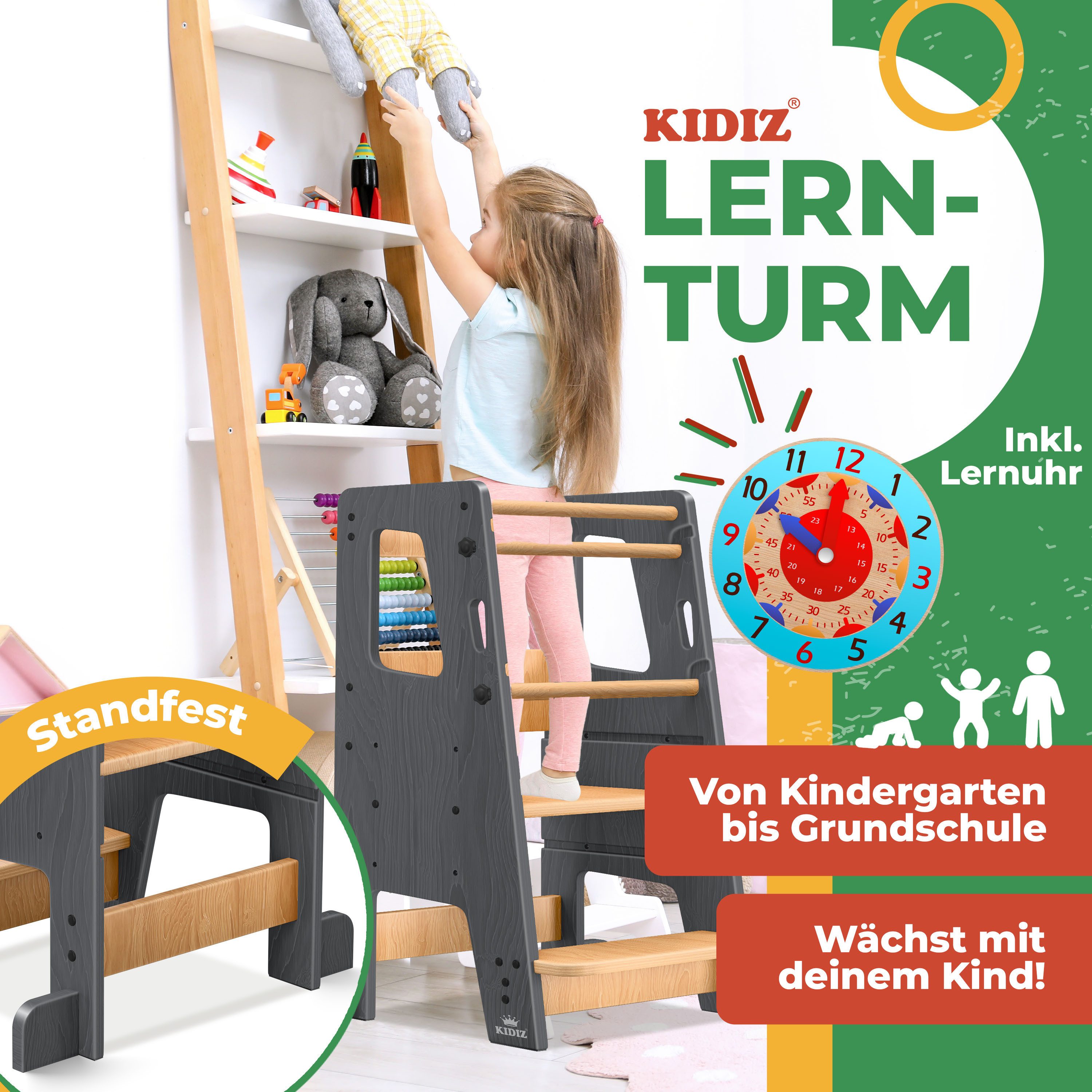 KIDIZ Stehhilfe (Tritthocker inklusive Lernuhr & abnehmbarer Anti-Kipp-Schutz), 3-stufig Höhenverstellbar, spielerisch motorische Fähigkeiten fördern