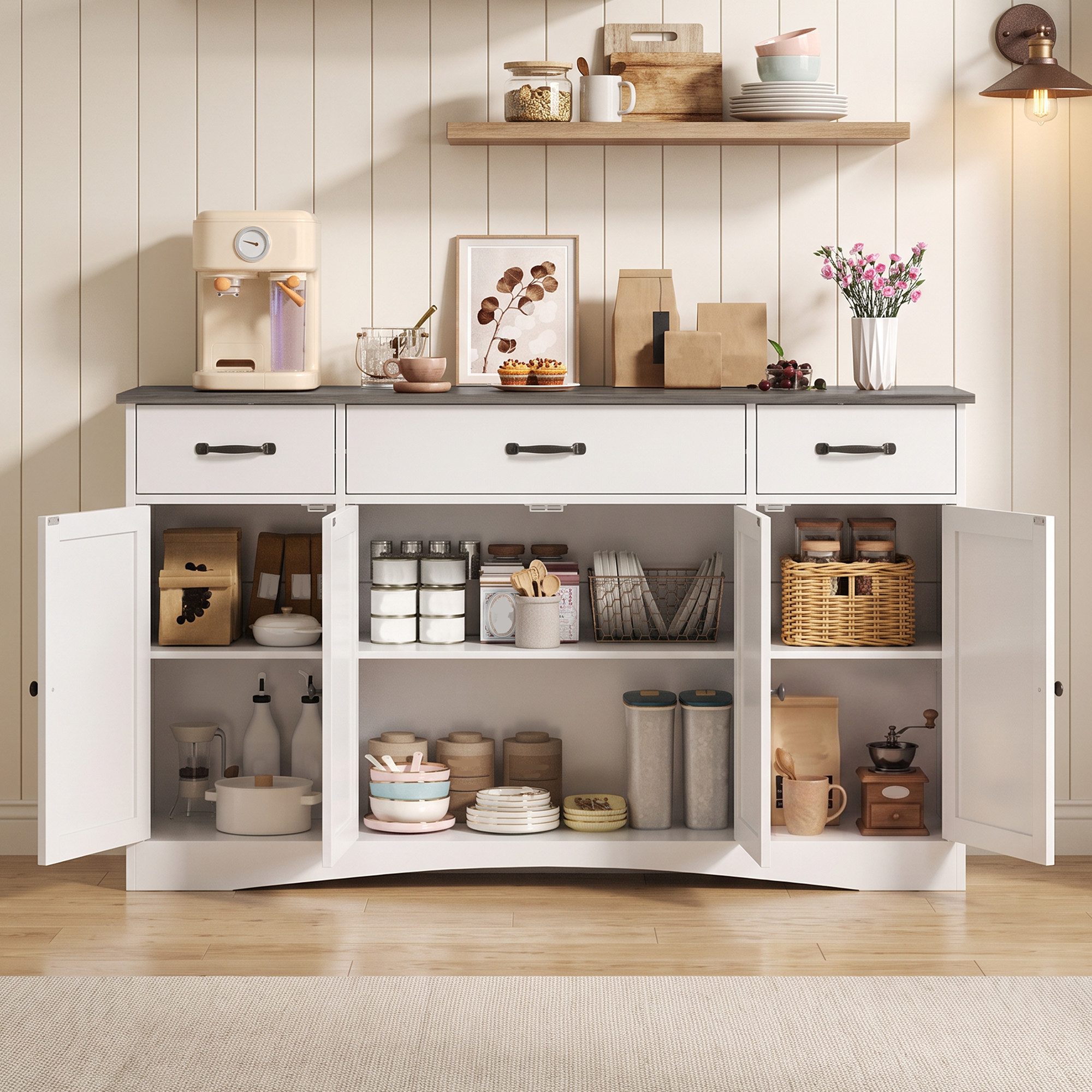 Blishom Buffet Sideboard Kommode Küchenschrank mit 4 Türen und 3 Schubladen Buffetschrank, Anrichte, verstellbare Böden, Landhaus-Design – Bild 2 von 5