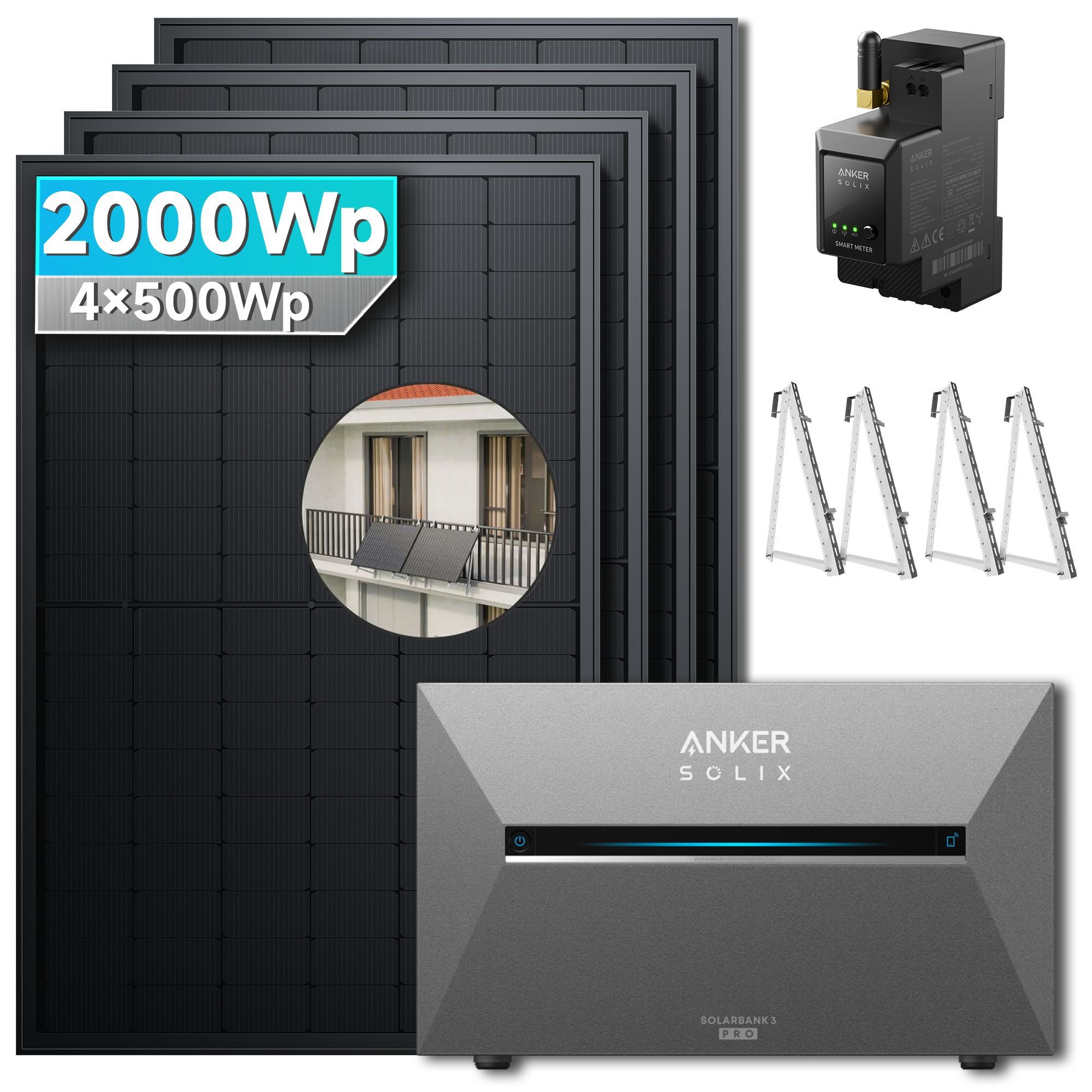 SolarMars Balkonkraftwerk mit Speicher 2000W Anker Solix Solarbank 3 E2700 Pro, 2000 W, Monokristallin, (mit optionaler BP2700 Erweiterungsakku und Halterung), mit intelligenter KI zur dynamischen Überwachung des Stromverbrauchs