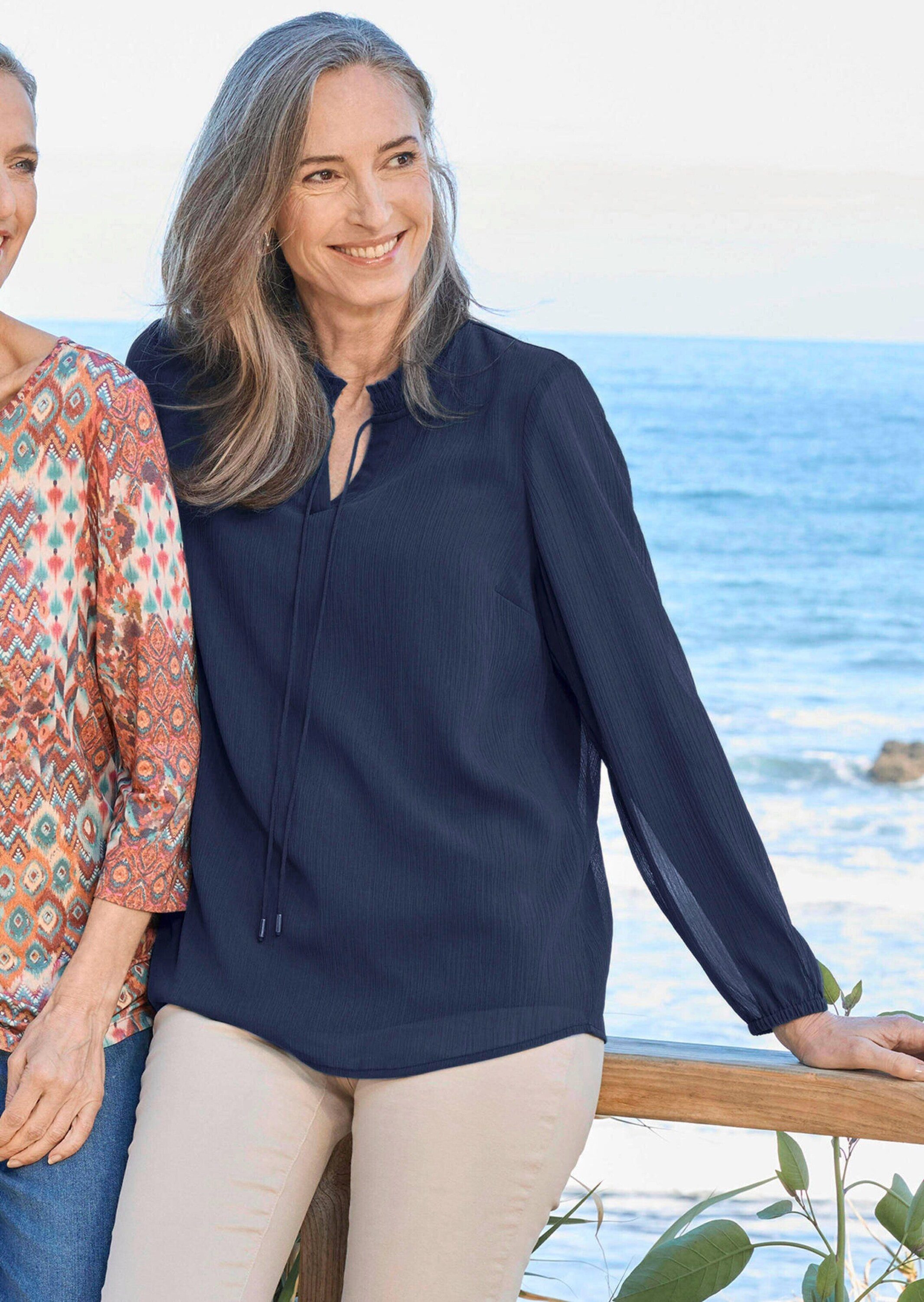GOLDNER Chiffonbluse Elegante Jersey-Bluse mit Rundhals Viskosebluse mit Rundhalsausschnitt und Langarm