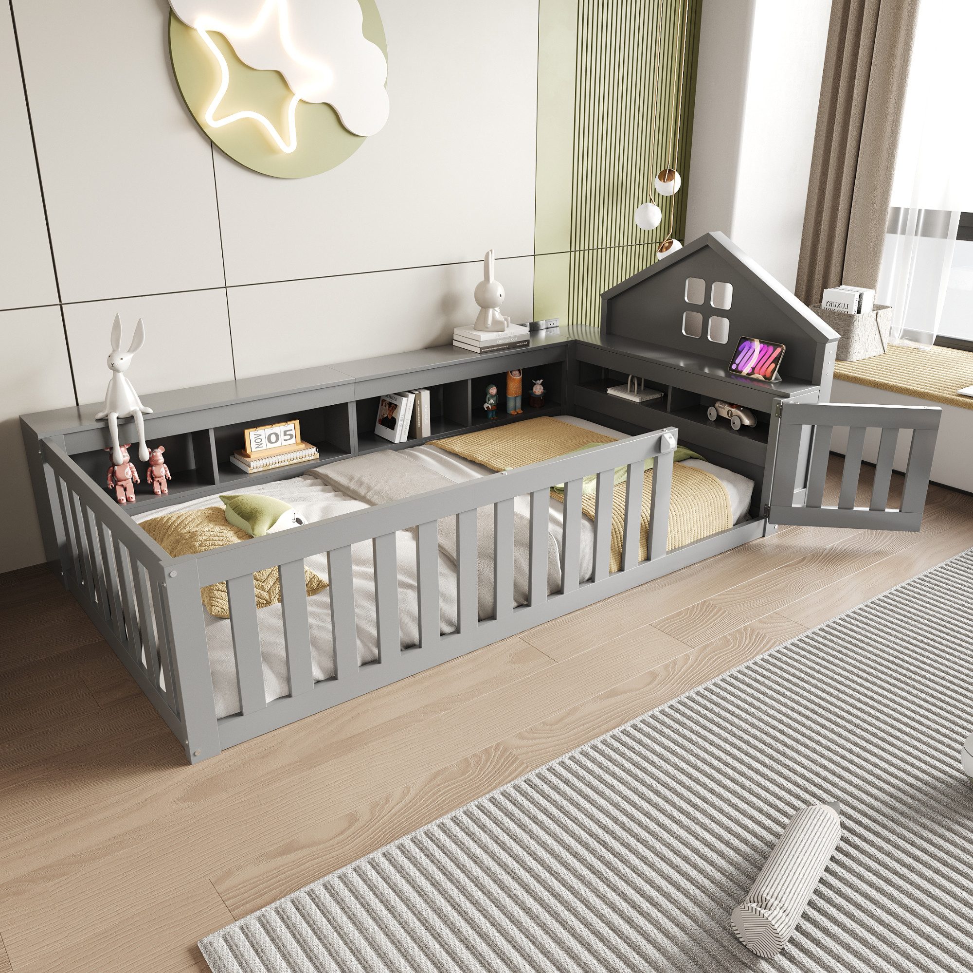 Merax Kinderbett mit Dach und Fenster (Massivholz Einzelbett Jugendbett, 1- günstig online kaufen