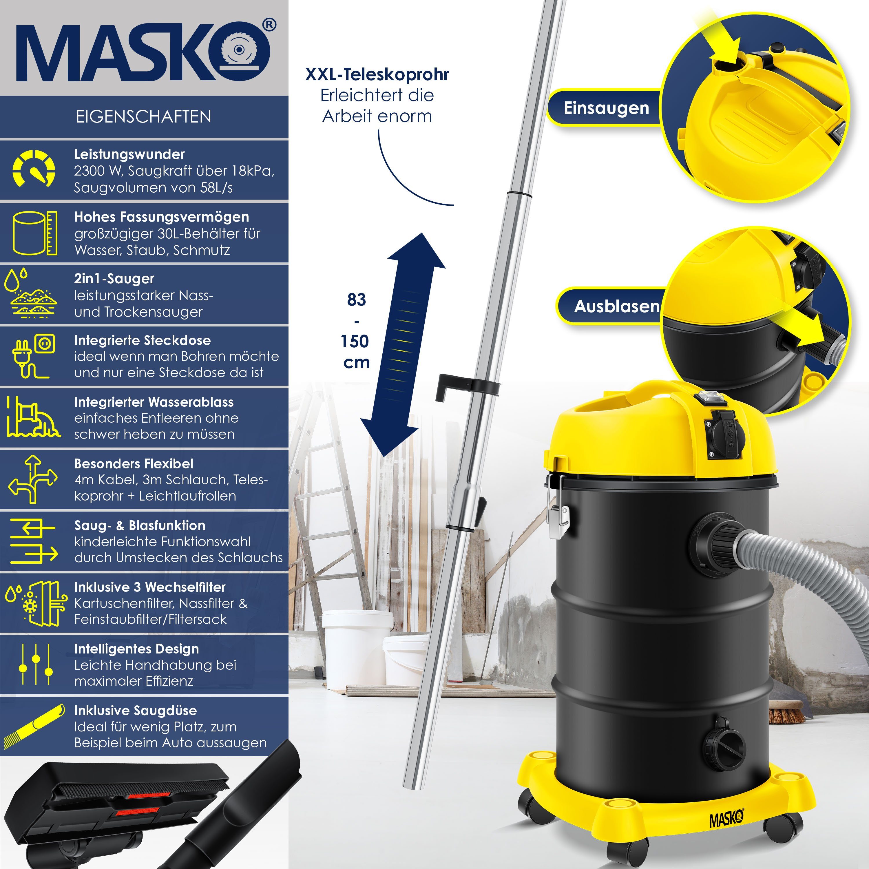MASKO Industriesauger, 2300 W, 6IN1 Industriestaubsauger Staubsauger Nass Trocken Sauger