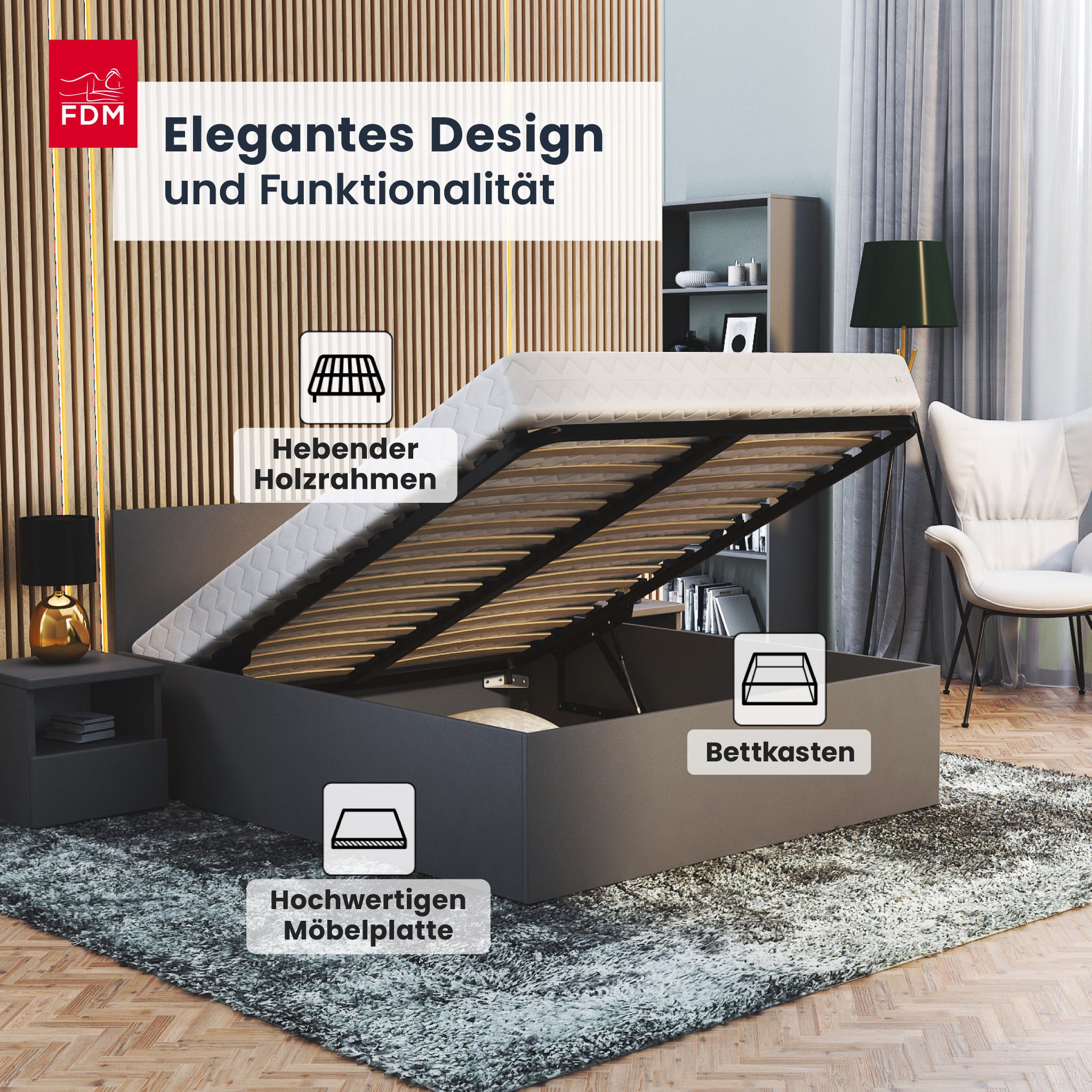 FDM Stauraumbett Bett Stauraumbett PANAMA SP Bettgestell 140x200 & weitere Größen (verfügbar 90x200 120x200 140x200 160x200 180x200cm, Bettrahmen, Bett, mit großen Kopfteil, mit Bettkasten zum aufklappen), mit/ohne Matratze