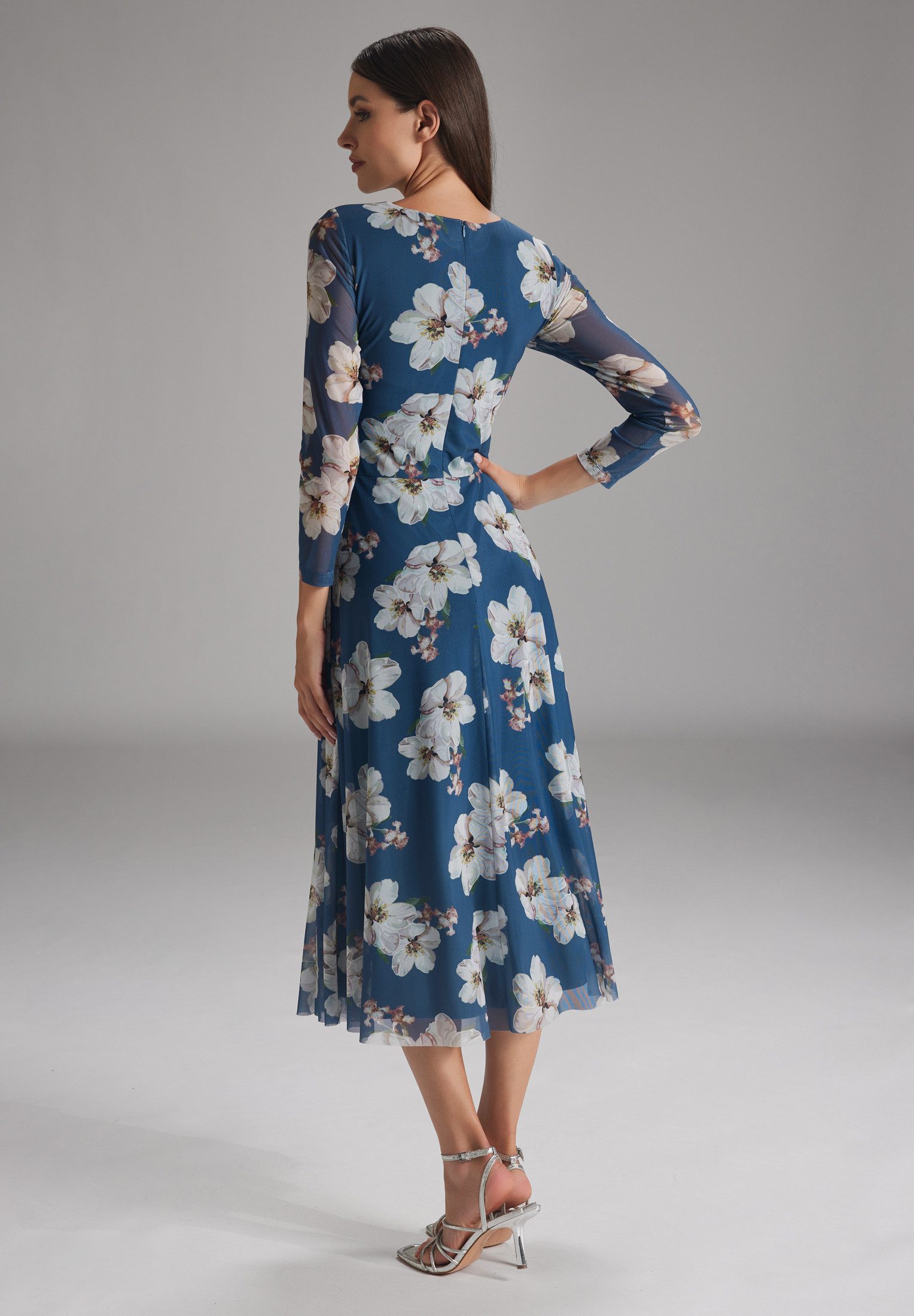 SWING Cocktailkleid - Midilanges Meshkleid mit 3/4-Arm Taillierte Schnitt mit fließendem Rock