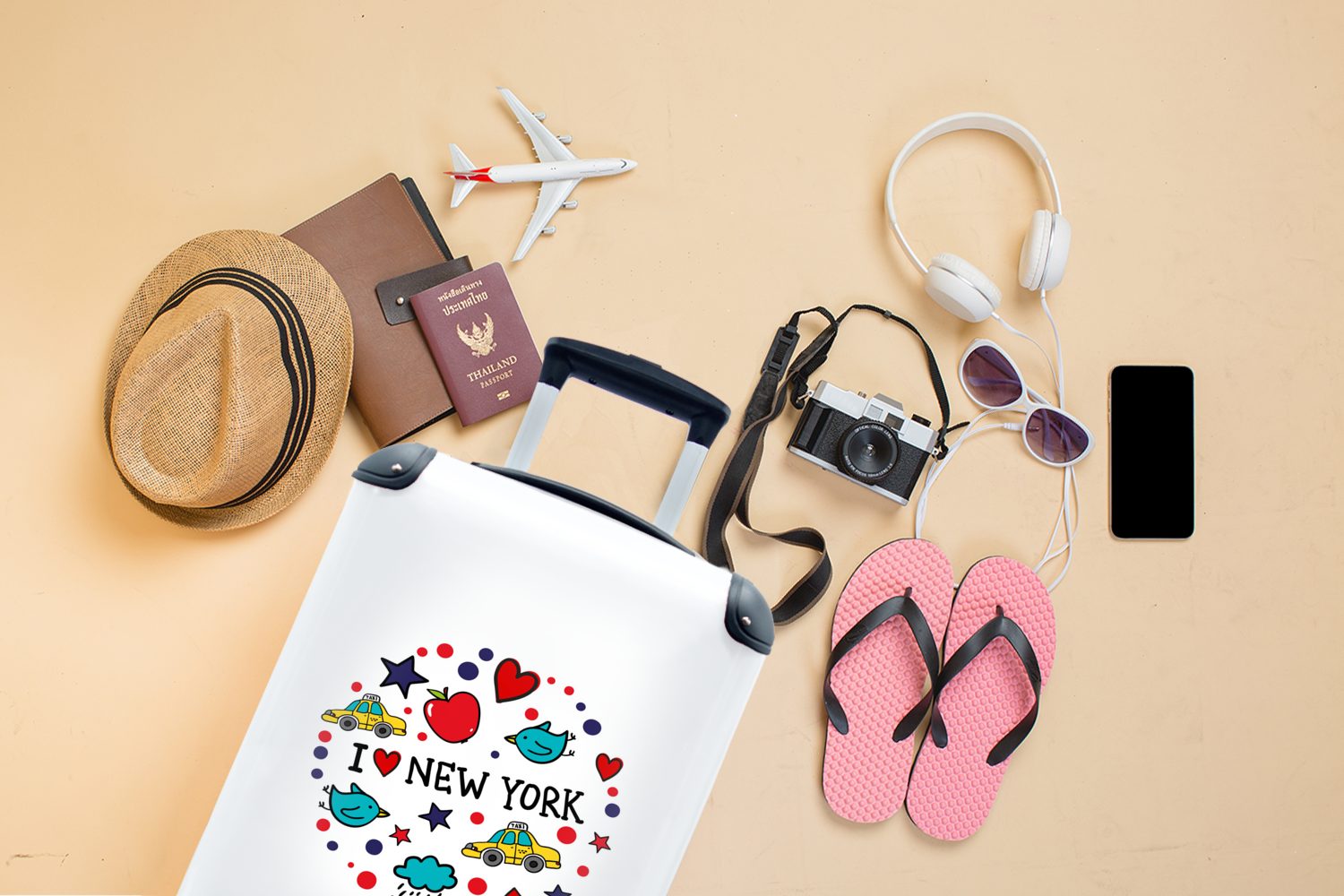 Handgepäckkoffer 4 York mit New Rollen, Ferien, Zeichnung Handgepäck Vogel, für Reisetasche - Reisekoffer rollen, MuchoWow Trolley, -