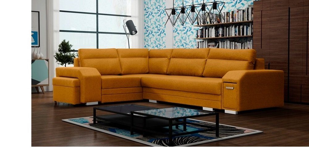 DB-Möbel Ecksofa Ecosofa Millo mit Hocker und Minibar, mit Schlaffunktion, in Grau Senffarbe,