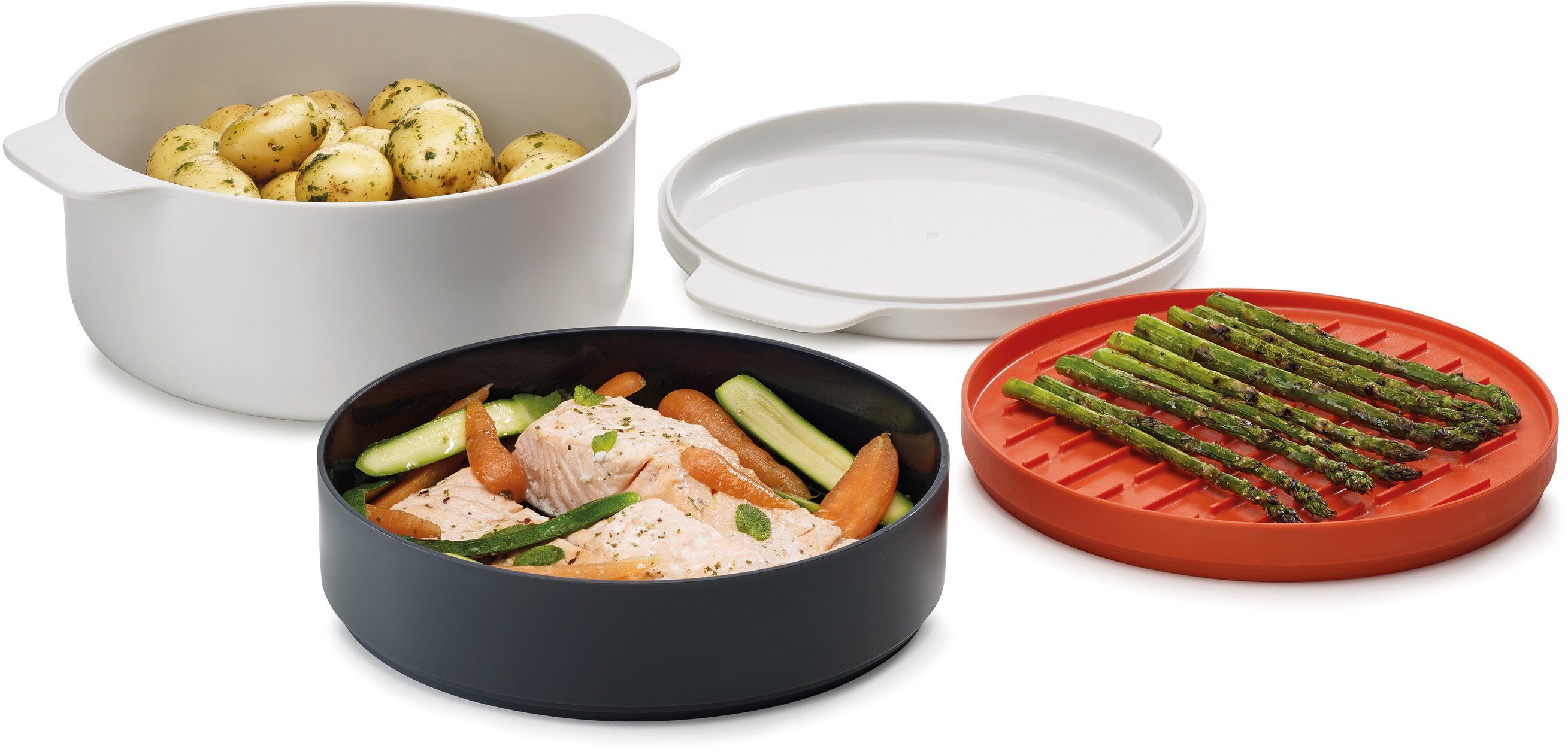 Joseph Joseph Mikrowellenbehälter M-Cuisine, Polyprophylen (PP), (Set, 3-tlg), 2-Liter Kochtopf, Dampfgarer, Grillpfanne und Deckel