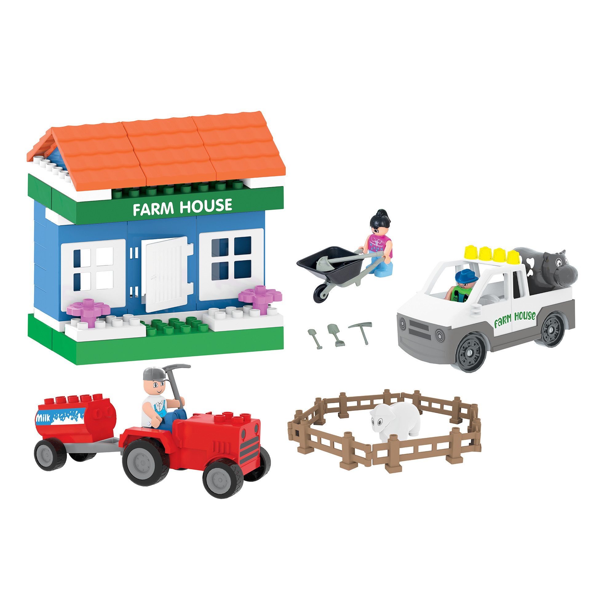 Spielzeugset Feuerwehr, Baustelle, Baustellenfahrzeuge, Bauernhof Spielbausteine