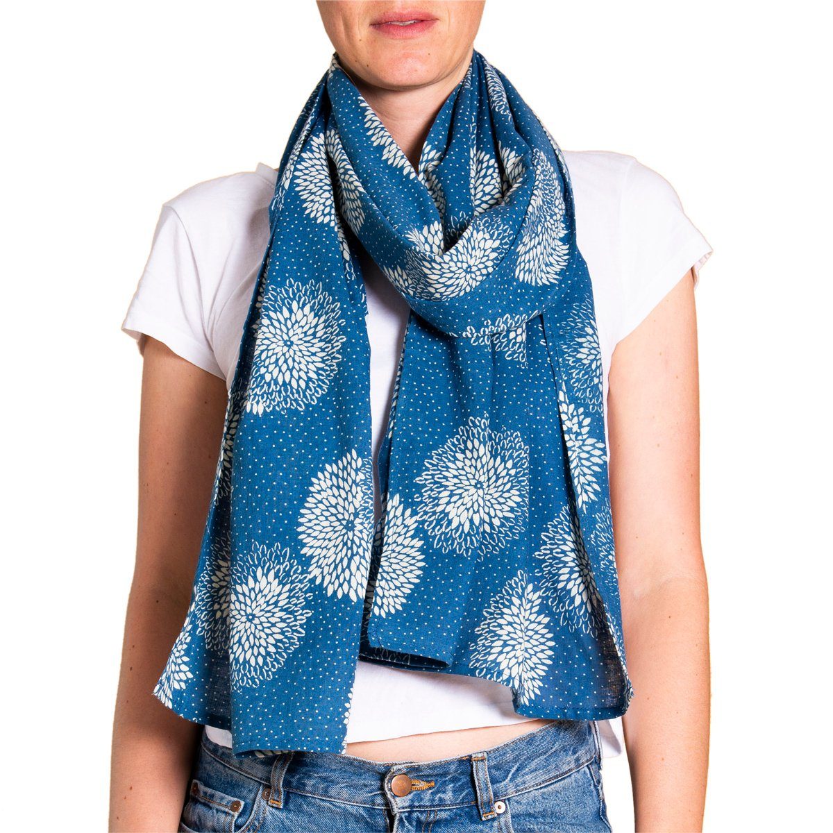 den Mustern auch Halstuch Abend Chrysantheme Blau mit heiliger japanischen traditionellen Schultertuch Indigo für ideal als in Geometrie leuchtendem, Schal oder PANASIAM