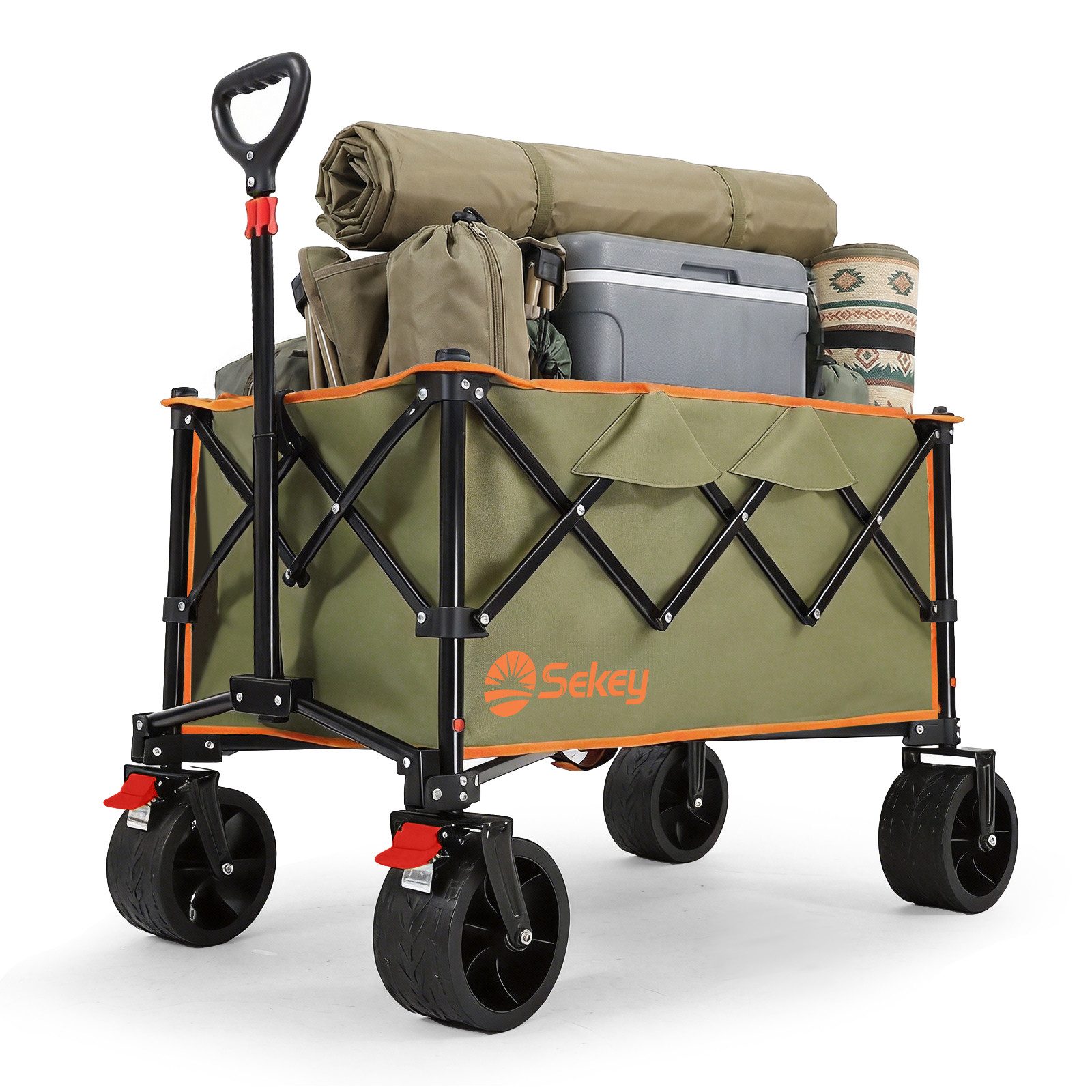 Sekey Bollerwagen 150KG Bollerwagen Faltbar Handwagen mit breiten Reifen Campingwagen, Leichter Faltbollerwagen mit Bremse, Patentiert 4-Wege-Sofortaufbau