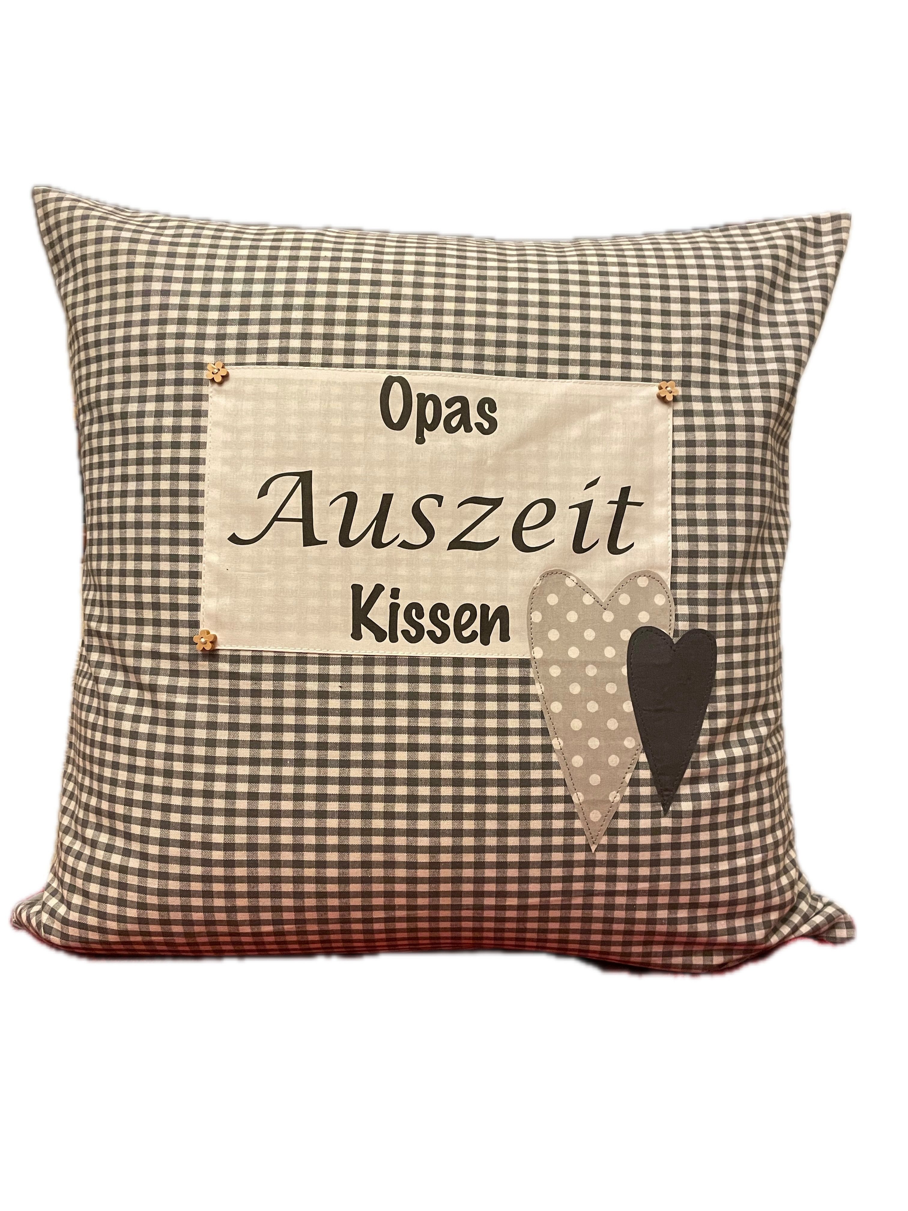 Ammerkind Dekokissen Landhausstil Kissenhülle "Opas Auszeit Kissen" grau/weiß kariert, 100% Handarbeit aus Deutschland