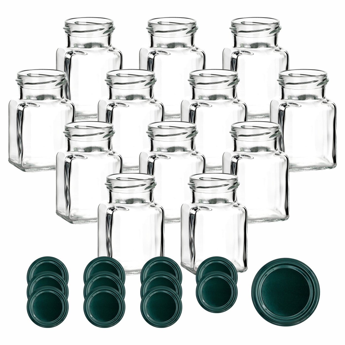 gouveo Vorratsglas Einmachgläser 150 ml Schraub-Deckel - Grün eckig (12-tlg), Vorratsgläser, Kleine mit