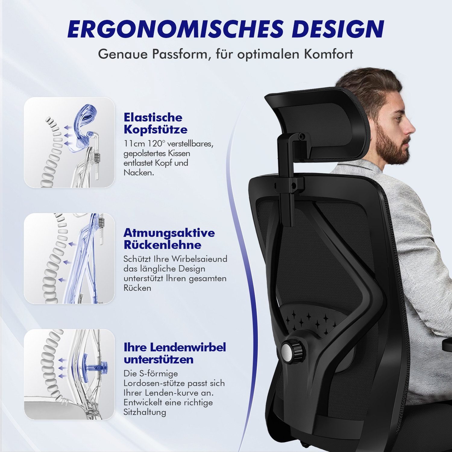 Lexzurn Bürostuhl Bürostuhl ergonomisch, Schreibtischstuhl 3D Memory-Schaum Lendenstütze (Wippfunktion bis 135°, Bis 200kg Belastar, Atmungsaktiv Mesh), Höhenve – Bild 2 von 5