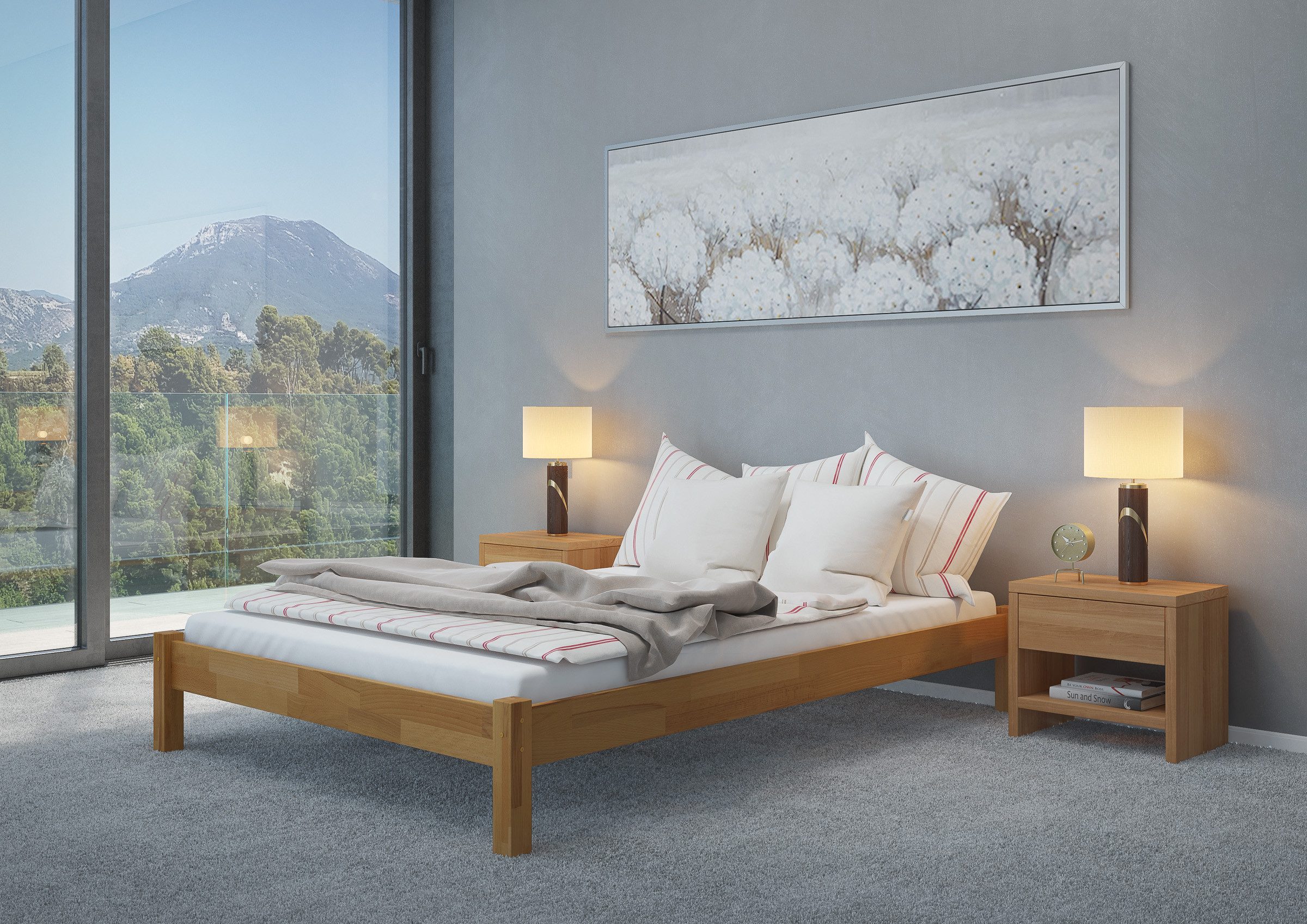 ERST-HOLZ Bettgestell Niedriges Doppelbett Massivholzbett Überlang Buche 160 x 220 cm, Buche farblos lackiert