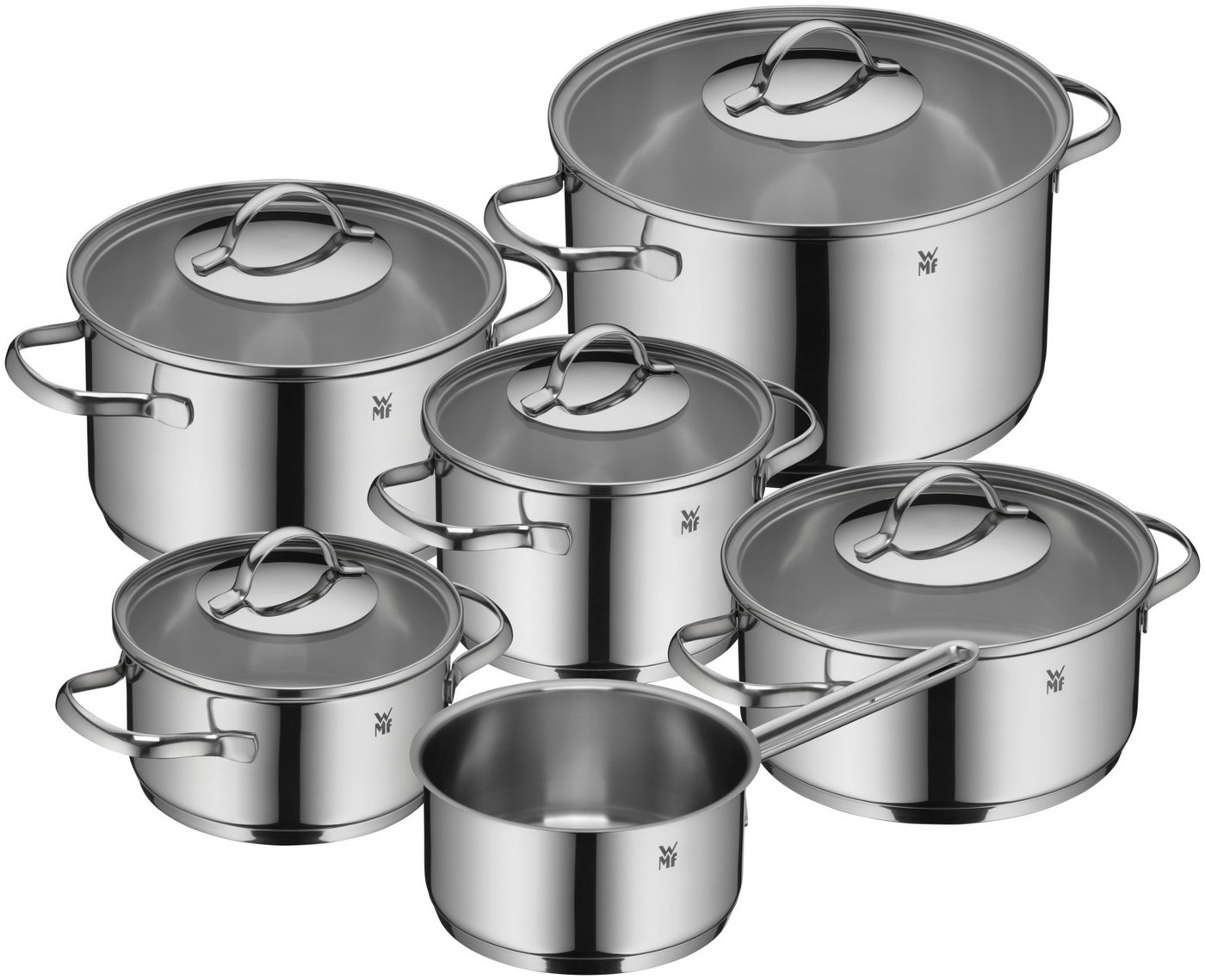 WMF Topf-Set Aparto Topf-Set, 6-teilig, Cromargan Edelstahl 18/10 (poliert, 6-tlg., unbeschichtet - rostfrei), spülmaschinengeeignet, hitzebeständig und backofengeeignet bis 250°C