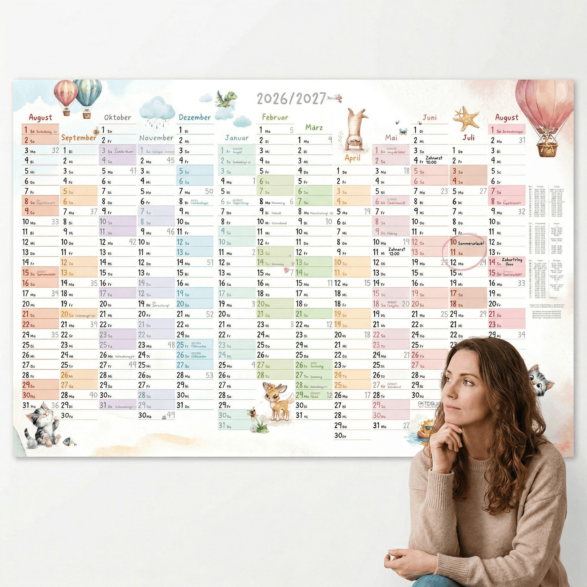 TOBJA Wandkalender Schuljahreskalender A1 2026/2027 "Tierwelt Pastell" 13 Monate, Wandkalender, Jahresplaner Ferien & Feiertage DE/AT
