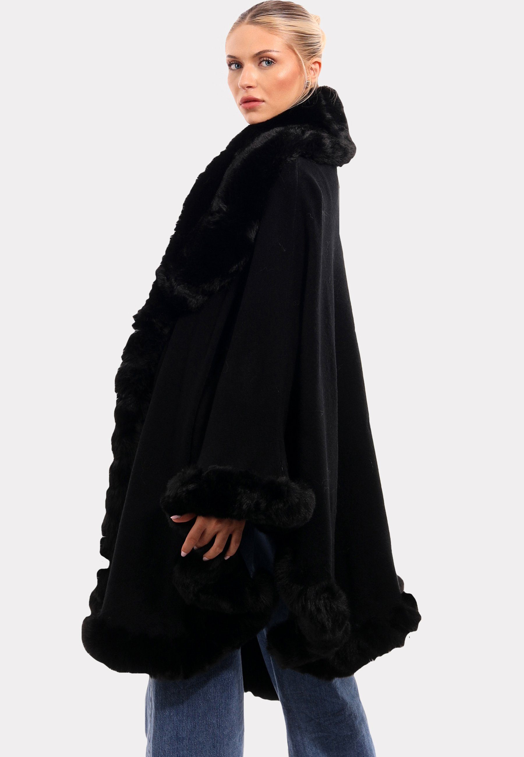 YC Fashion "Edler Poncho schwarz mit Fließender Luxuriösem Style Unifarbe Poncho (1-St) Kunstpelz-Besatz" & in