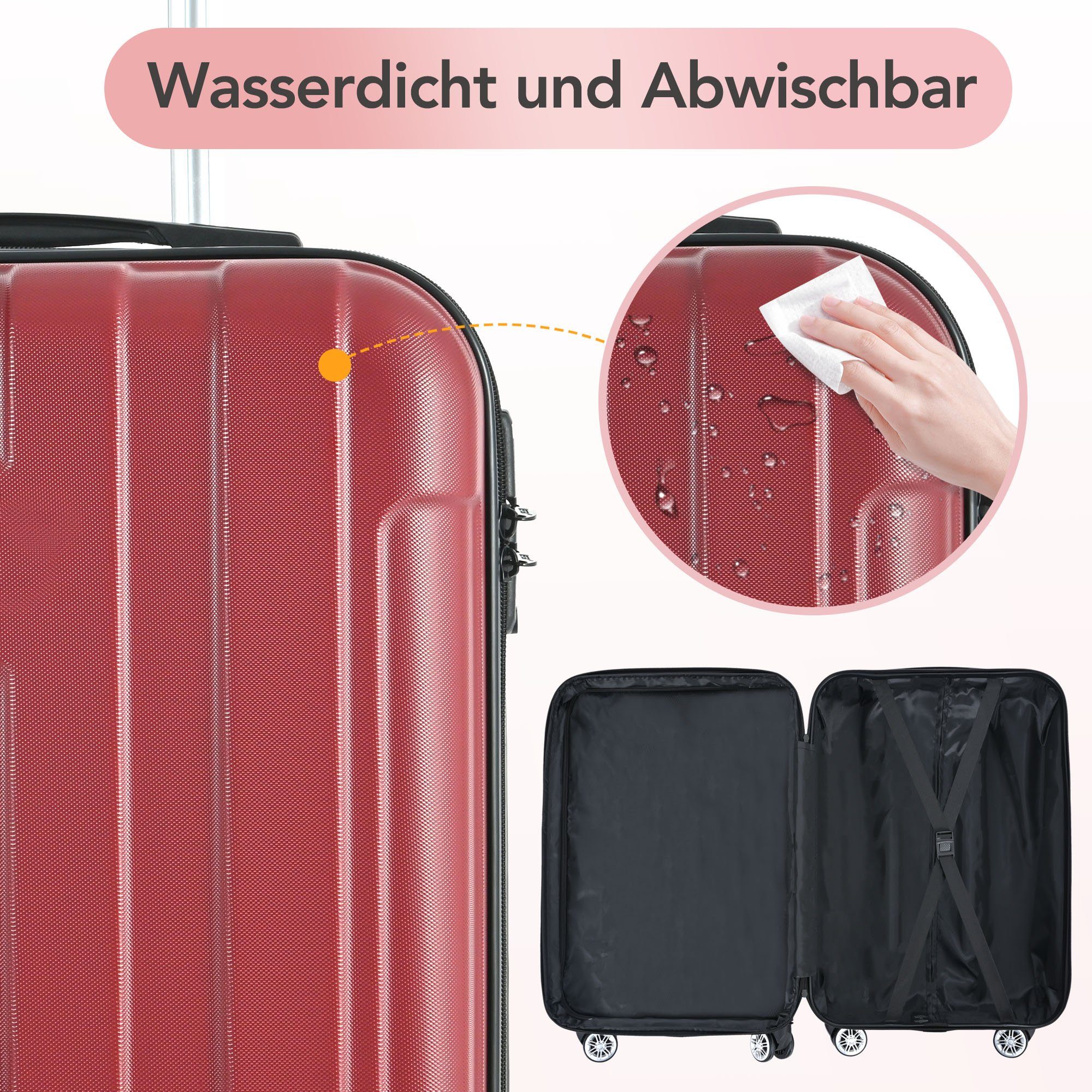 mit TSA-Schloss, Koffer-Set aus Ulife Rot Trolley ABS Rollen, 4 Hochwertiges 360°-Rollen 3-teiliges