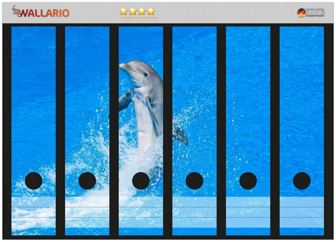 Thumbnail - Wallario Etiketten Fröhlicher Delfin im blauen Wasser, Ordnerrücken-Sticker in verschiedenen Ausführungen