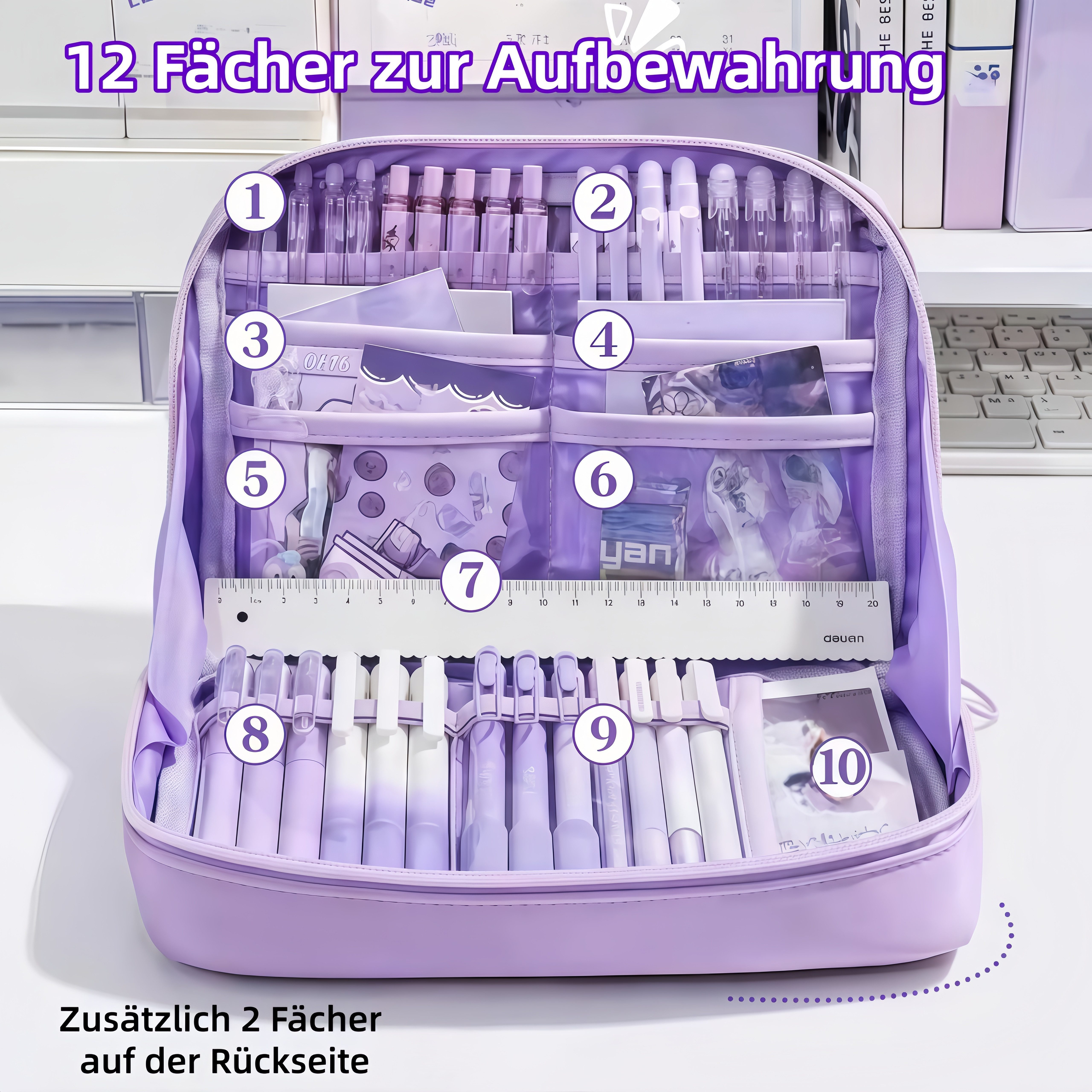 FOUORTUNATE-BEE Federmäppchen 12-teiliges lila Schreibwaren-Set – ideales Geschenk zum Schulstart, Lernset für Schule und Büro – komplette Ausstattung für den Alltag