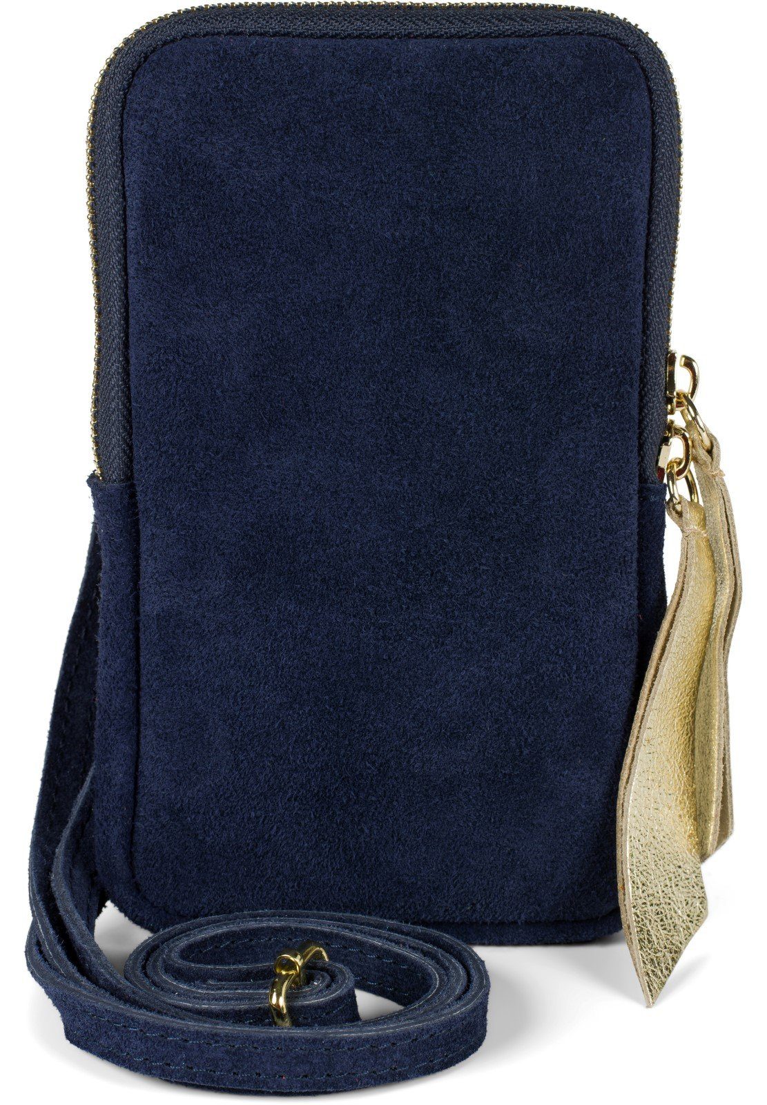 styleBREAKER Mini Bag (1-tlg), Echtleder Handy Umhängetasche Veloursleder Dunkelblau