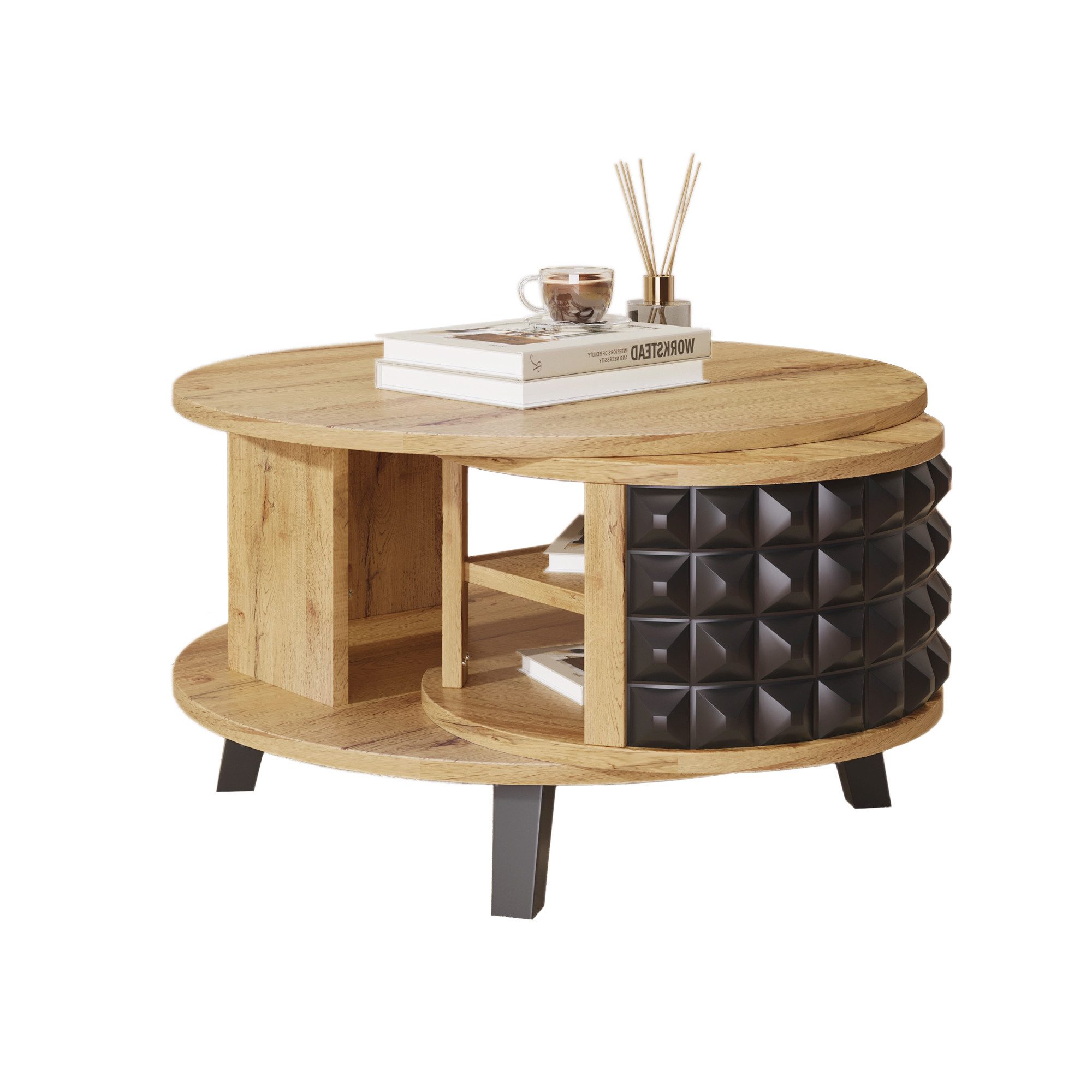 Couchtisch Drehtisch, Beistelltisch mit versteckter interner Ablage Natur