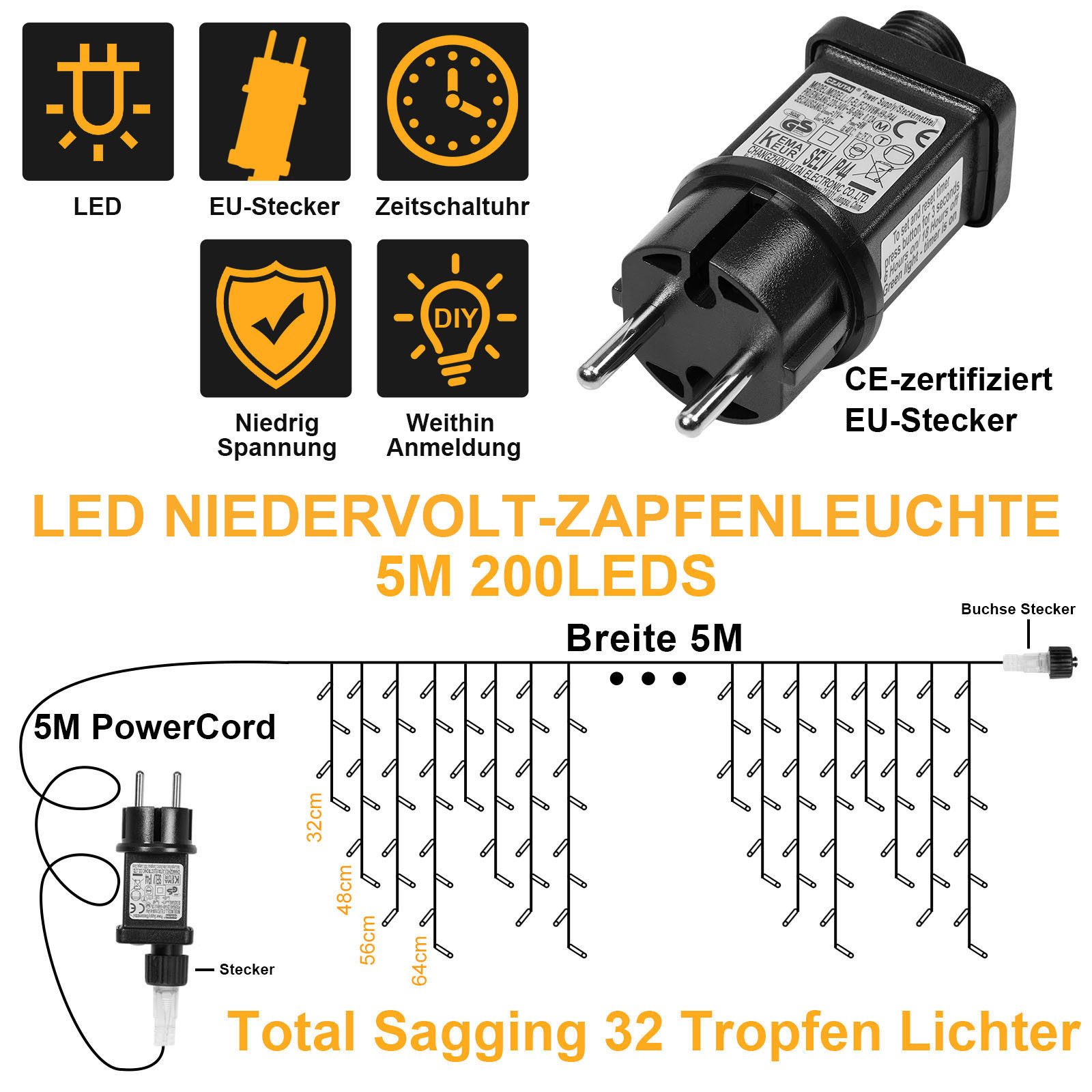 Sunicol LED-Lichtervorhang 5/10/15M, 8 Modi Anschliessbar Eisregen Lichterkette, Speicherfunktion, 31V Sichere Spannung, Timer, für Weihnachtsdeko Traufe Garten Balkon