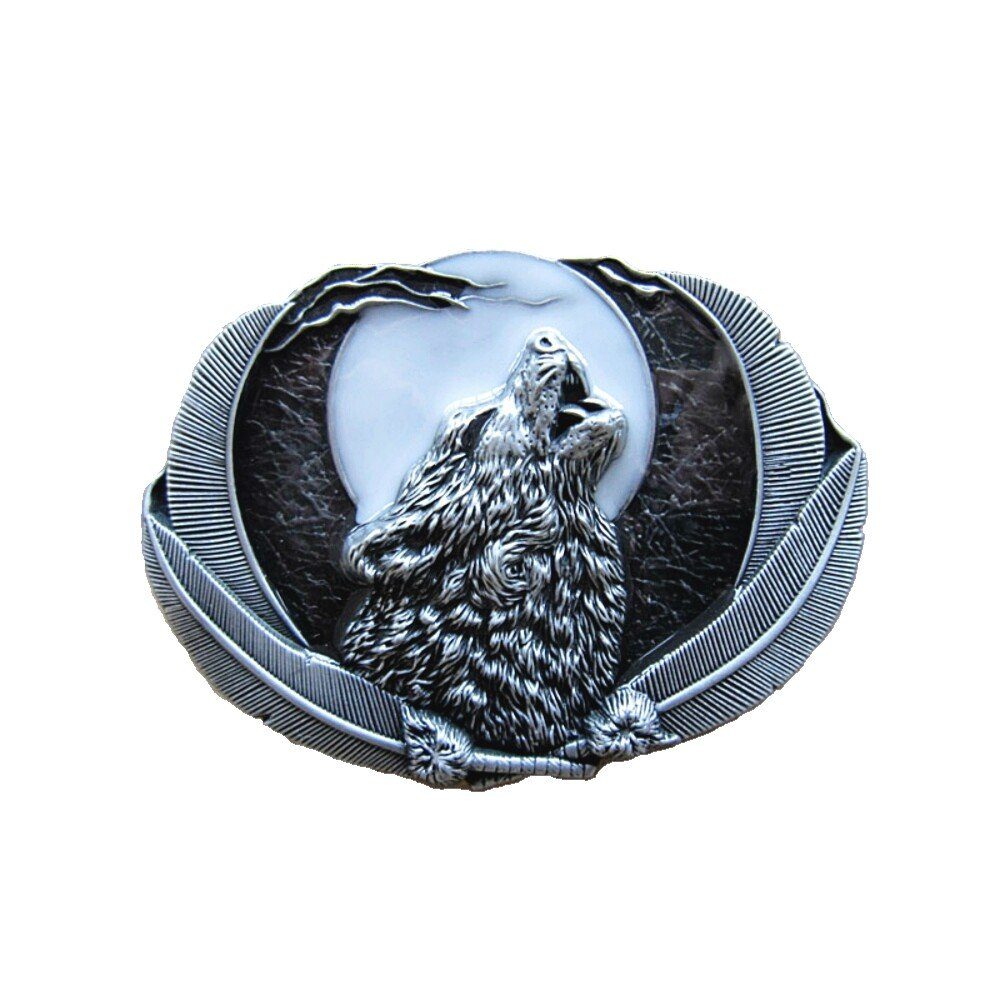 Westernlifestyle Gürtelschnalle Buckle Wolf bei Vollmond schwarz/silber