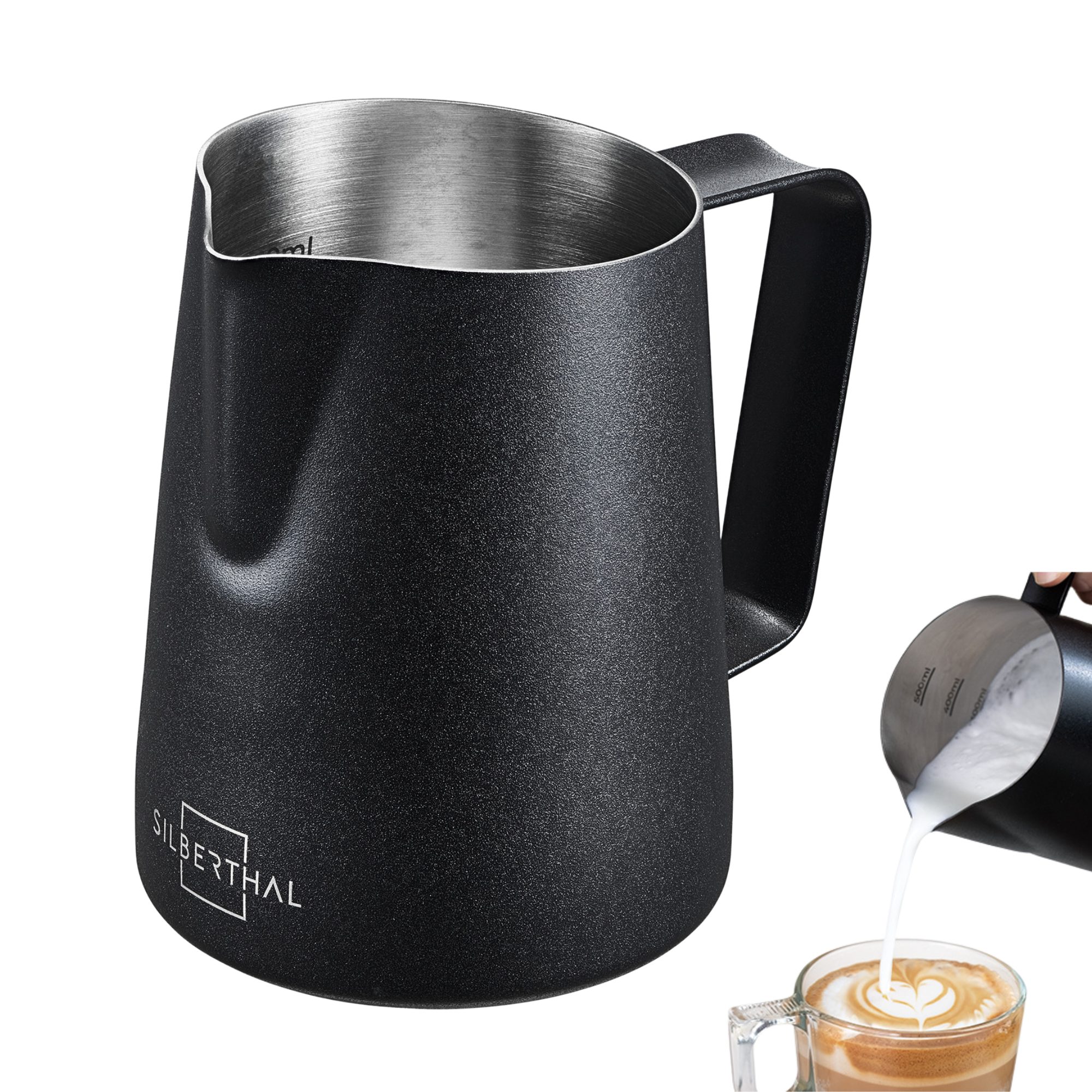 SILBERTHAL Milchkännchen Edelstahl schwarz für Siebträgermaschinen, 0.35 l, Professionelles Barista Zubehör mit Latte Art Ausguss