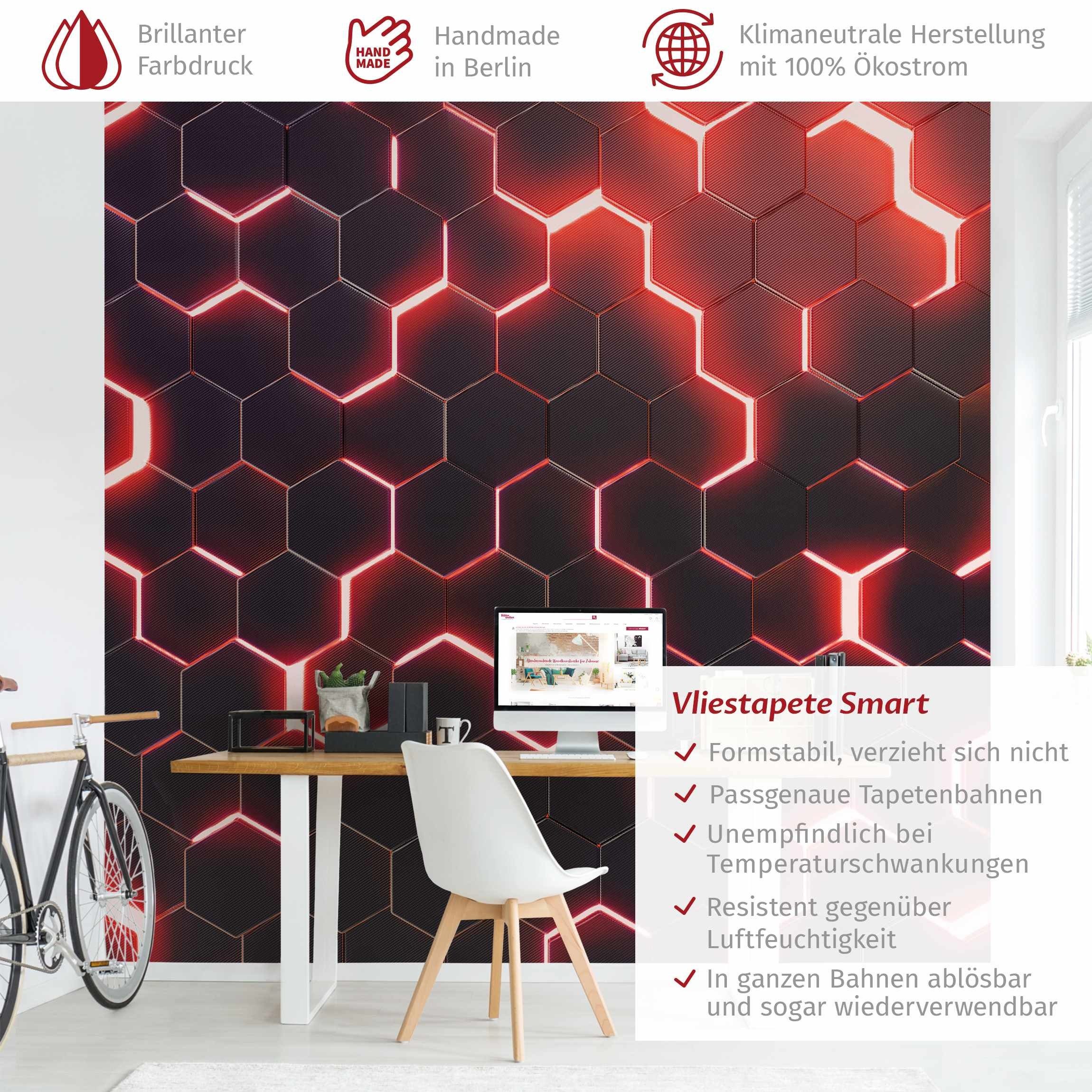 Bilderdepot24 Mustertapete Hexagone Neonlicht Rot 3D-Optik günstig online kaufen