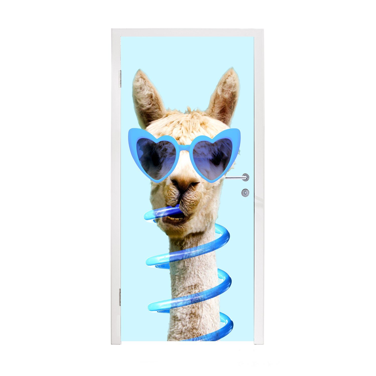 MuchoWow Türtapete Lama - Sonnenbrille - Blau - Tier, Matt, bedruckt, (1 St), Fototapete für Tür, Türaufkleber, 75x205 cm | Türtapeten