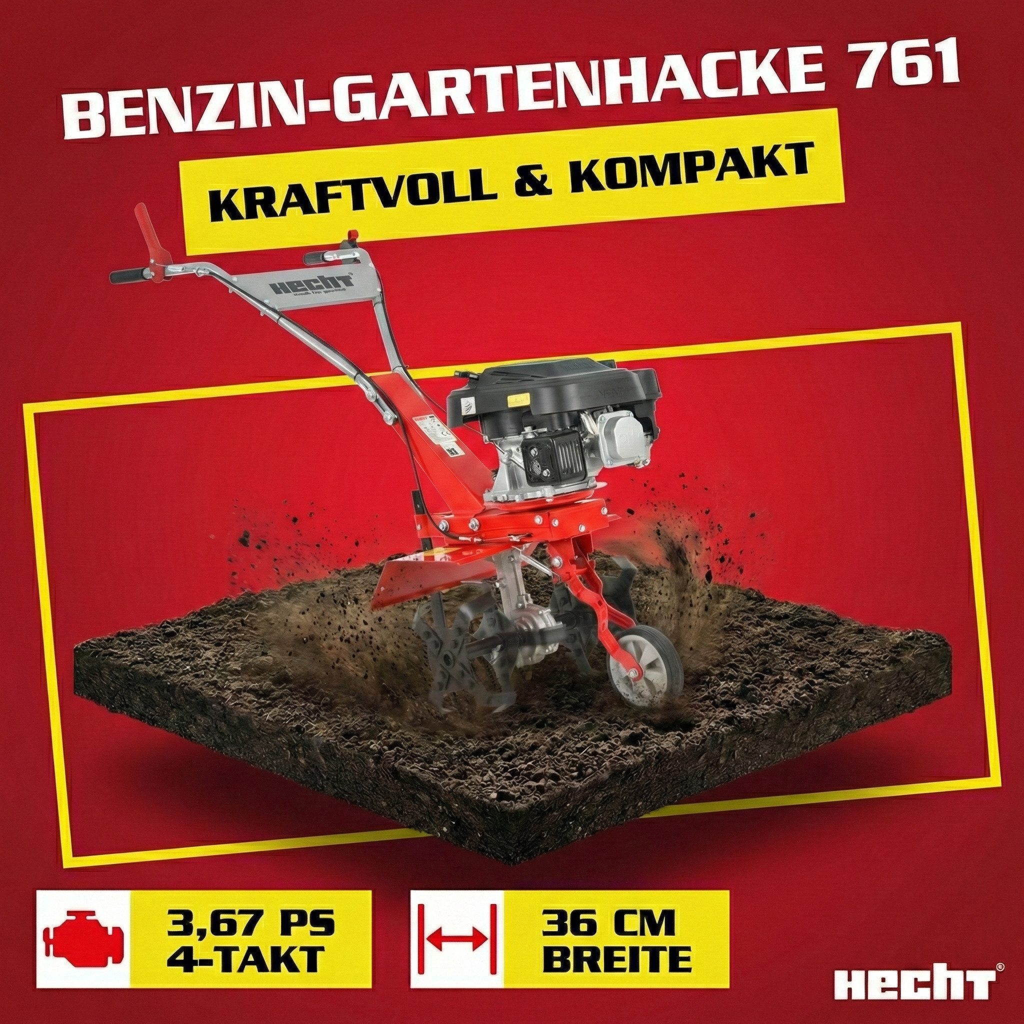 Hecht Gartenhacke Gartenfräse Benzin 761 mit Führungsrad 24 cm Arbeitstiefe, 3,67 PS, 36 cm Arbeitsbreite, 150 cm³, robuste Hackmesser