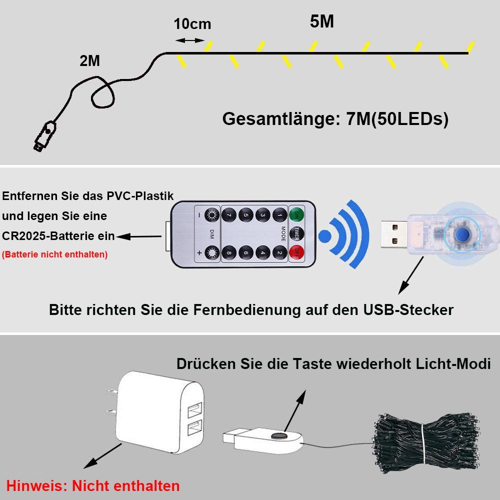 Party Außen Weihnachtsbaum mit Garten Innen, 8 Deko, LED-Lichterkette Beleuchtung Timer, Lichter Wasserdicht, Sunicol USB Warmweiß/Weiß/Mehrfarbig/Blau Modi,